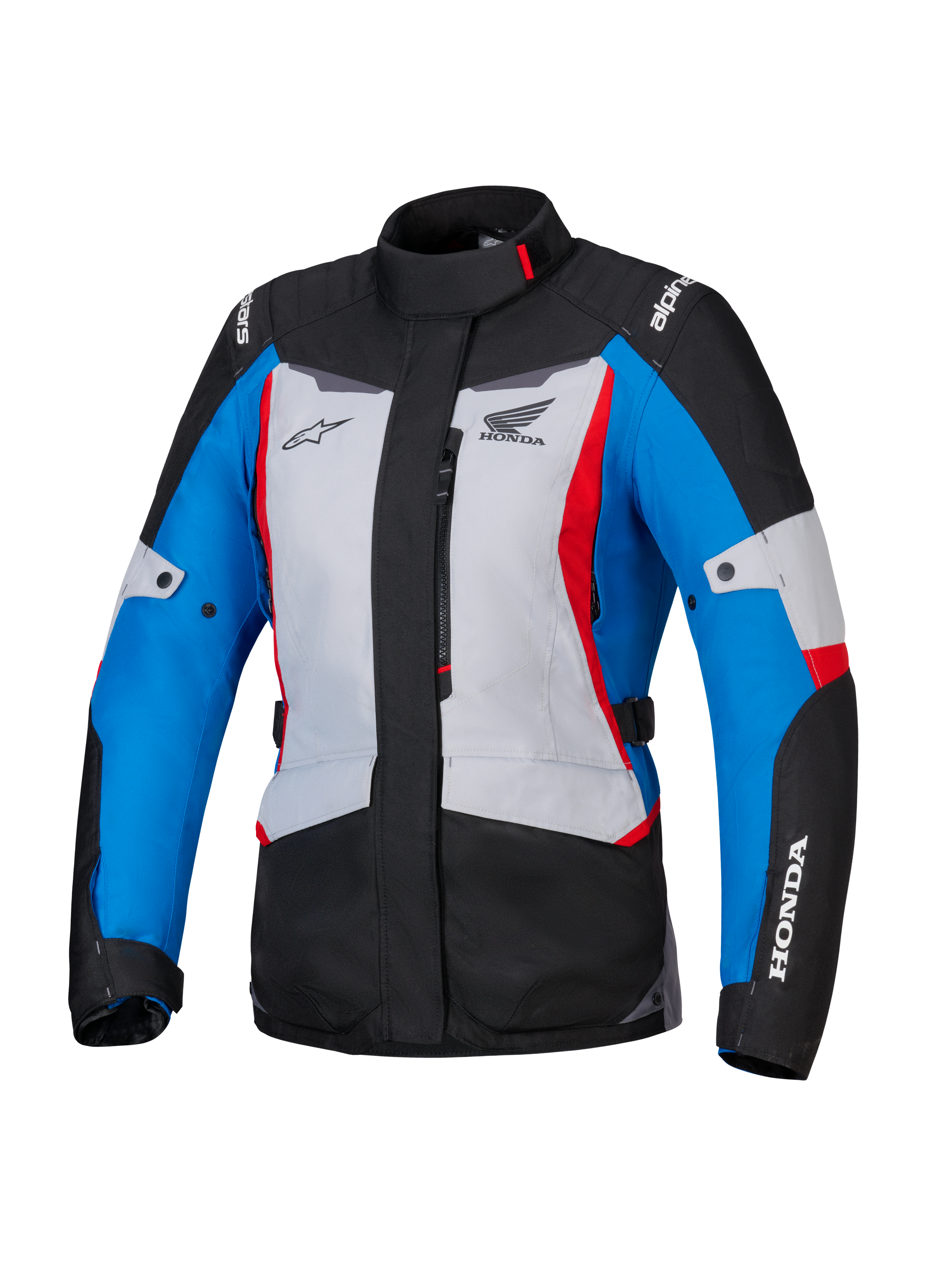 Alpinestars Honda Stella ST-1 WP damesjas, waterdichte motorjas voor dames, Ice Gray, blauw en zwart met rode accenten, hoge kraag en ritssluiting aan de voorzijde, Honda en Alpinestars logo's op de borst en mouwen, duurzame adventure touring textieljas