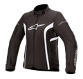 Alpinestars Stella T-Kira V2 Wasserdichte Jacke, Damen-Textil-Motorradjacke, Schwarz-Weiß, mit hohem Kragen, zentralem Reißverschluss, weißem Brust-Logo und geschwungenen weißen Streifen an den Seiten, sportliches Design für die Straße.