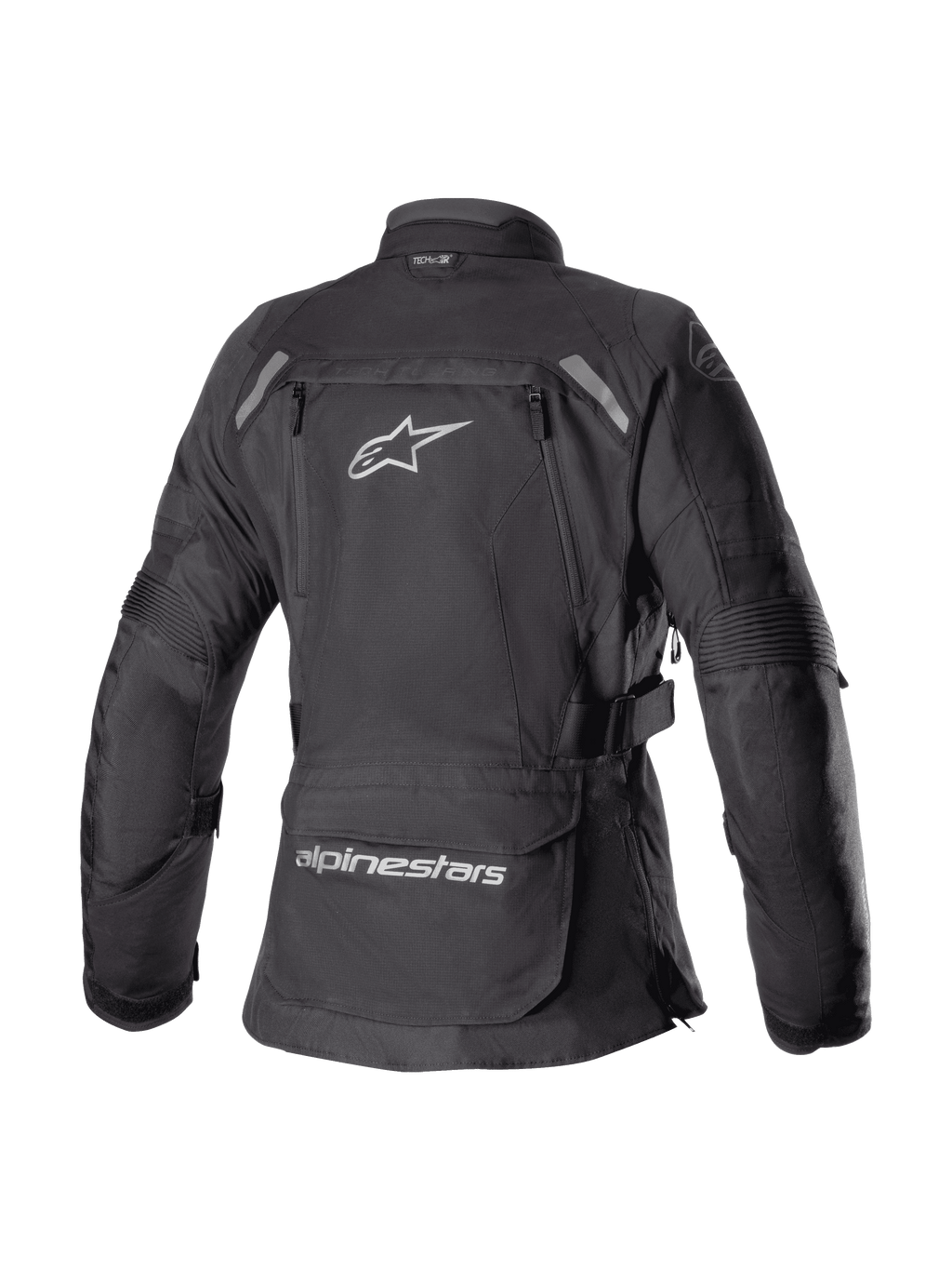 Alpinestars Stella Bogota' Pro Drystar® damesjas, zwart, achteraanzicht van een textiele adventure touring motorjas met een groot wit Astar-logo, opbergzak op de onderrug met merknaam en reflecterende accenten op de schouders