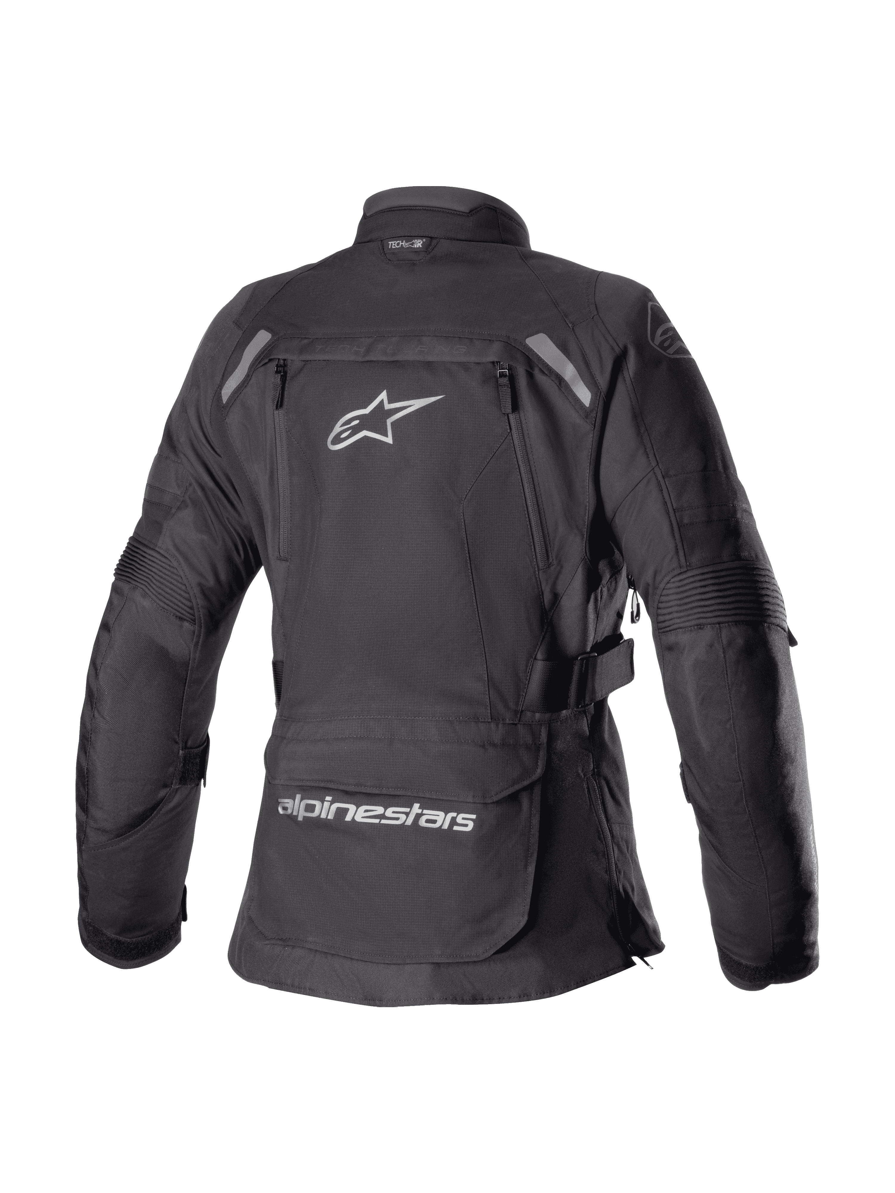 Alpinestars Stella Bogota' Pro Drystar® damesjas, zwart, achteraanzicht van een textiele adventure touring motorjas met een groot wit Astar-logo, opbergzak op de onderrug met merknaam en reflecterende accenten op de schouders