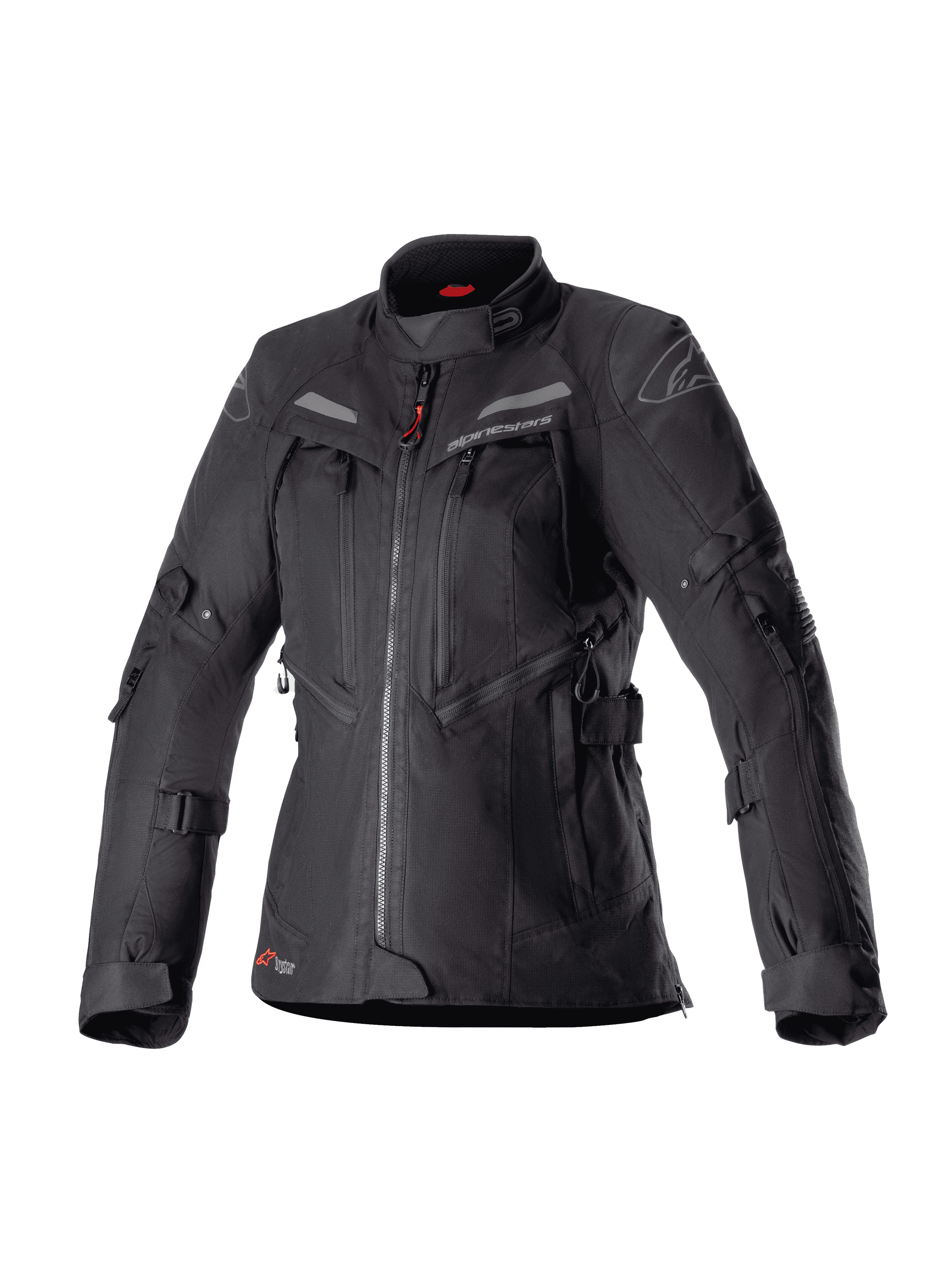 Alpinestars Stella Bogota Pro Drystar dames motorjas, zwarte adventure touring motorjas, waterdichte textielconstructie met meerdere ritsen aan de voorzijde en ventilatiepanelen, verstelbare banden op de mouwen en taille, subtiele rode accenten en Alpinestars-logo's.