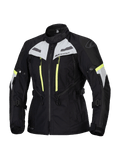 Veste Alpinestars Stella Bogota Pro Drystar, veste de moto touring pour femme, noire avec détails gris glace et jaune fluo, construction textile imperméable et respirante, avec larges zips de ventilation et sangles de réglage pour le touring d'aventure