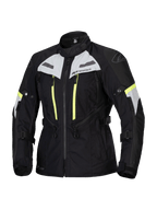 Veste Alpinestars Stella Bogota Pro Drystar, veste de moto touring pour femme, noire avec détails gris glace et jaune fluo, construction textile imperméable et respirante, avec larges zips de ventilation et sangles de réglage pour le touring d'aventure