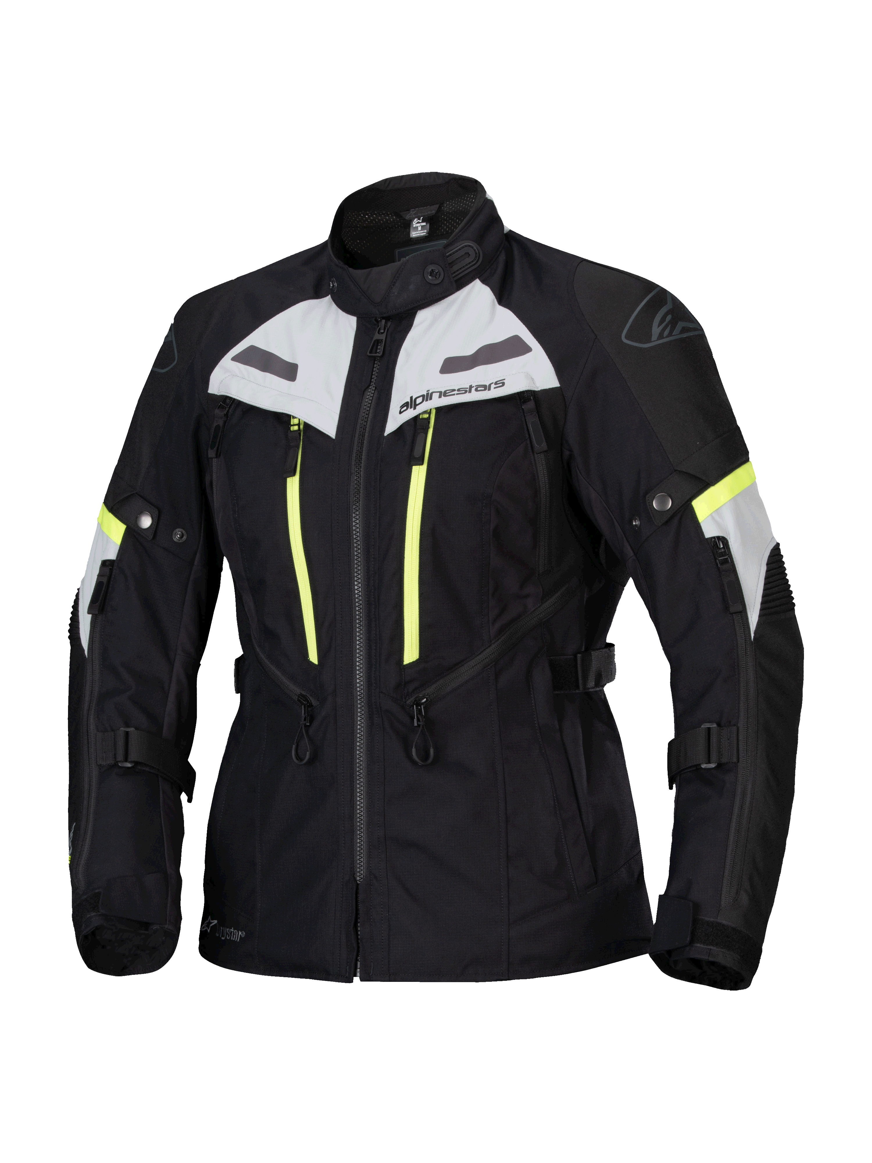 Veste Alpinestars Stella Bogota Pro Drystar, veste de moto touring pour femme, noire avec détails gris glace et jaune fluo, construction textile imperméable et respirante, avec larges zips de ventilation et sangles de réglage pour le touring d'aventure