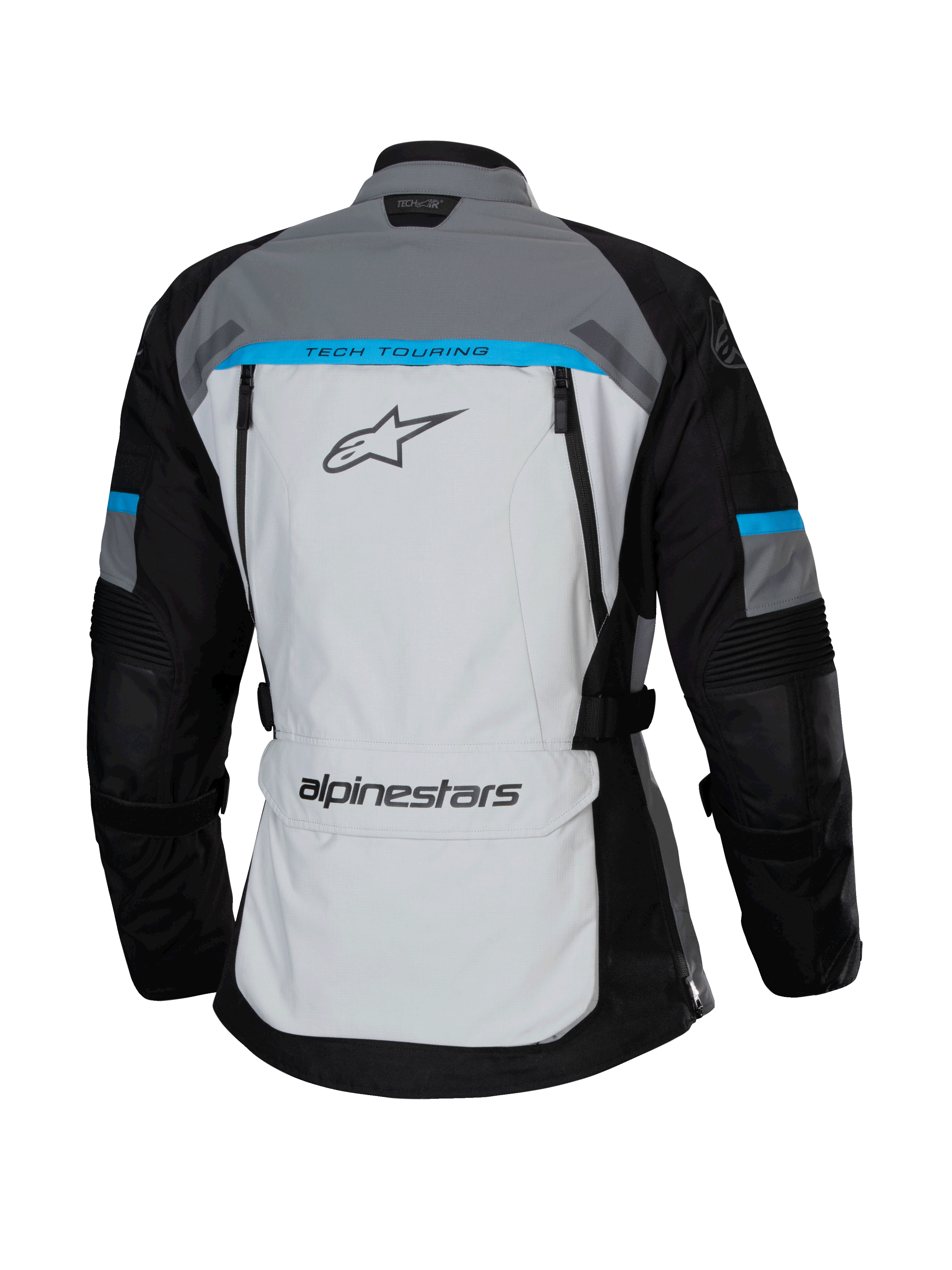 Alpinestars Stella Bogotá Pro Drystar® Jacke, Ice Gray, Schwarz und Cyan, Rückansicht mit einem großen hellgrauen Panel mit „TECH TOURING“-Branding, schwarzen Ärmeln mit cyanfarbenen Akzenten und Staufach am unteren Rücken.