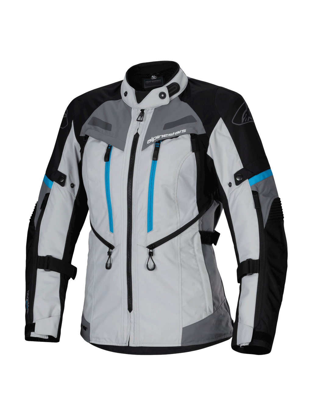 Alpinestars Stella Bogota' Pro Drystar® Jacke, Damen-Abenteuer-Tourenjacke, Eisgrau, Schwarz und Cyan, wasserdichte Drystar®-Membran, zwei vertikale blaue Brustreißverschlüsse, verstellbare Arm- und Taillenriemen, verstärkte Schutzpaneele