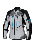 Alpinestars Stella Bogota' Pro Drystar® Jacke, Damen-Abenteuer-Tourenjacke, Eisgrau, Schwarz und Cyan, wasserdichte Drystar®-Membran, zwei vertikale blaue Brustreißverschlüsse, verstellbare Arm- und Taillenriemen, verstärkte Schutzpaneele