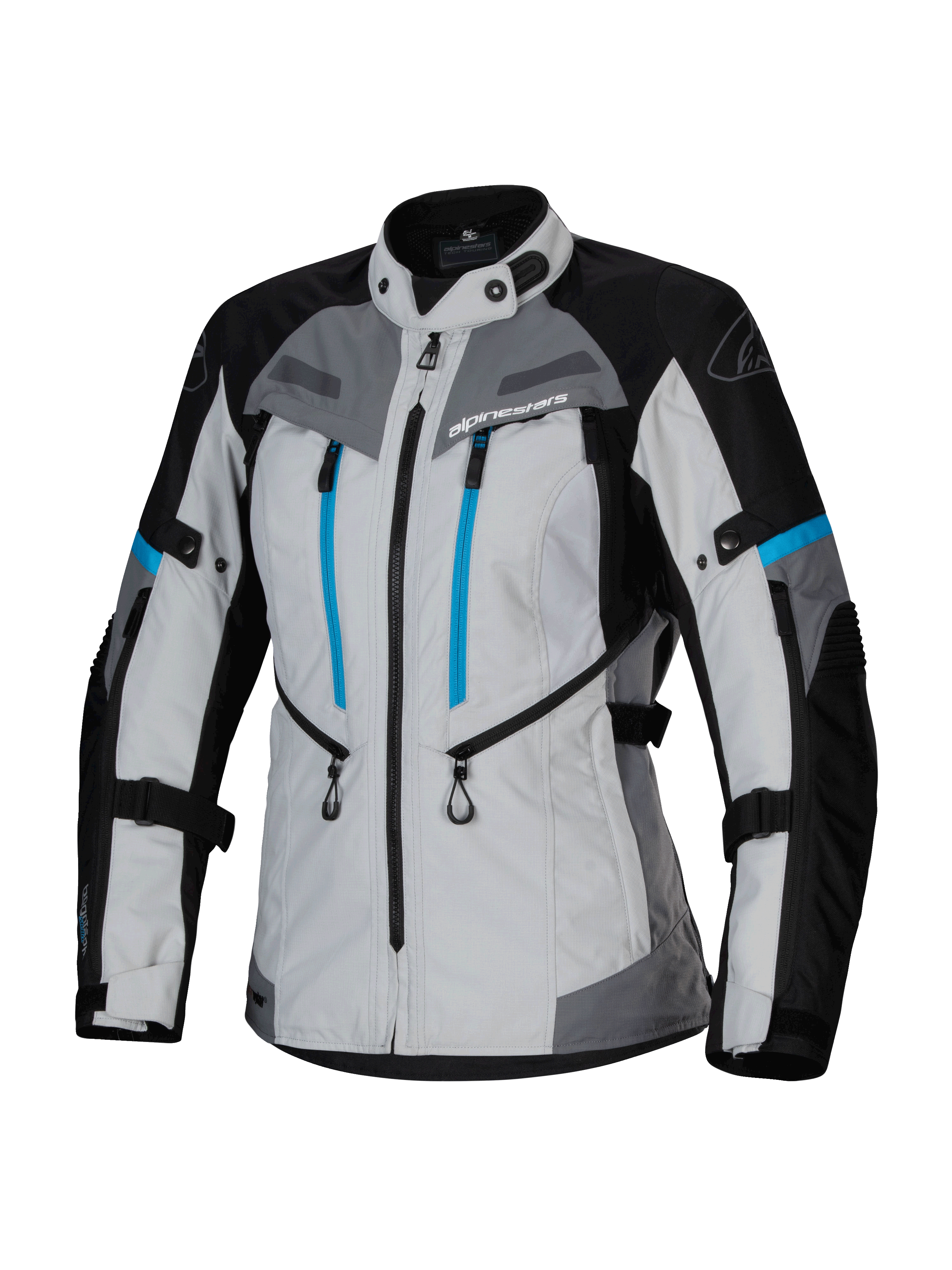 Alpinestars Stella Bogota' Pro Drystar® Jacke, Damen-Abenteuer-Tourenjacke, Eisgrau, Schwarz und Cyan, wasserdichte Drystar®-Membran, zwei vertikale blaue Brustreißverschlüsse, verstellbare Arm- und Taillenriemen, verstärkte Schutzpaneele