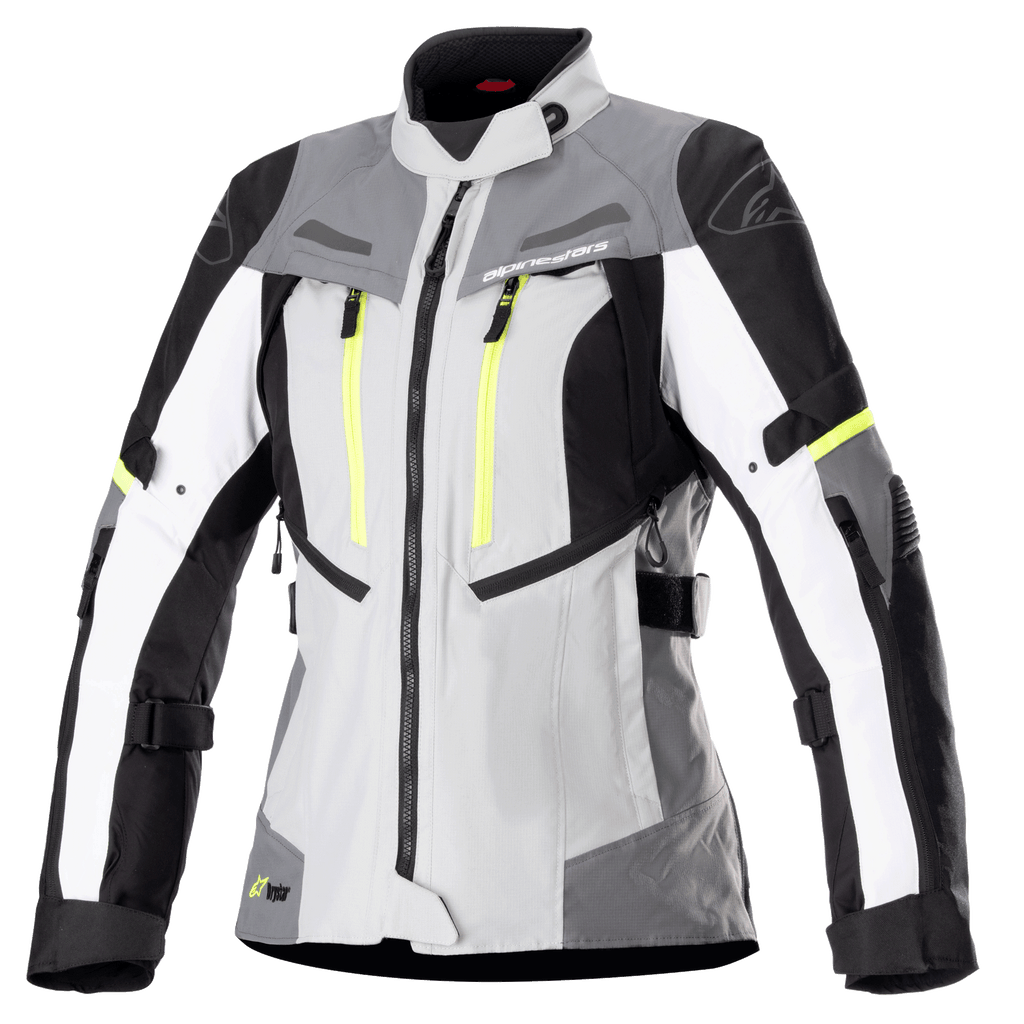 Alpinestars Damen Stella Bogota Pro Drystar Jacke, Motorrad-Tourenjacke, Eisgrau und Dunkelgrau mit weißen und neongelben Akzenten, wasserdichte Textilkonstruktion mit verstellbaren Riemen und Belüftungsreißverschlüssen, Vorderansicht auf weißem Hintergrund
