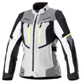 Alpinestars Damen Stella Bogota Pro Drystar Jacke, Motorrad-Tourenjacke, Eisgrau und Dunkelgrau mit weißen und neongelben Akzenten, wasserdichte Textilkonstruktion mit verstellbaren Riemen und Belüftungsreißverschlüssen, Vorderansicht auf weißem Hintergrund