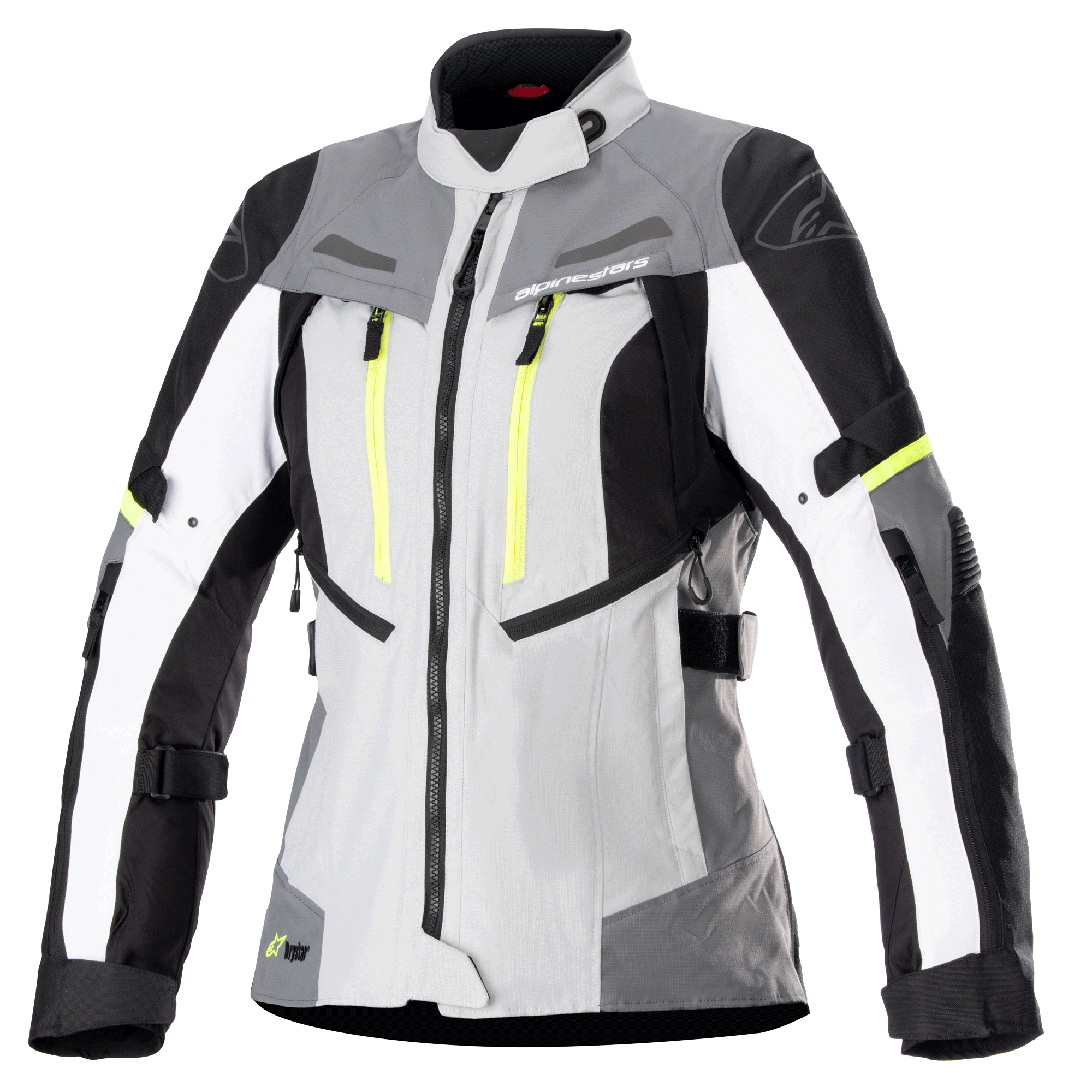 Alpinestars Damen Stella Bogota Pro Drystar Jacke, Motorrad-Tourenjacke, Eisgrau und Dunkelgrau mit weißen und neongelben Akzenten, wasserdichte Textilkonstruktion mit verstellbaren Riemen und Belüftungsreißverschlüssen, Vorderansicht auf weißem Hintergrund