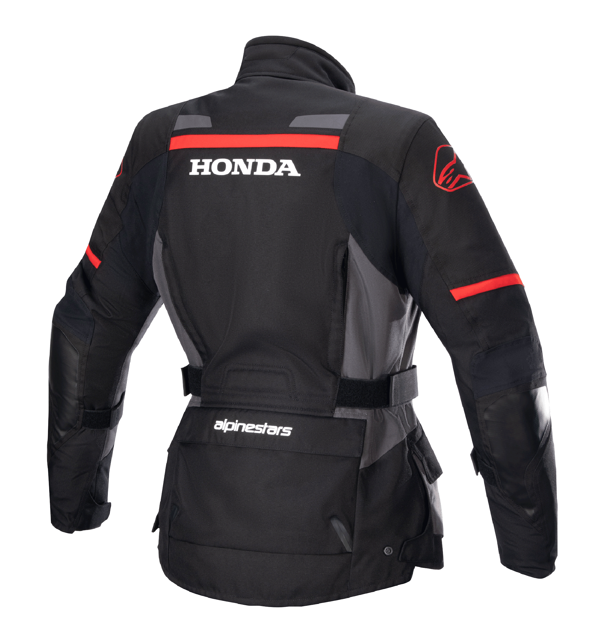 Veste Alpinestars Stella Honda Andes V3 Drystar® pour femme, veste de moto aventure, noir, gris goudron et rouge vif, vue arrière avec logo HONDA blanc et graphismes Alpinestars rouges, construction textile imperméable avec taille ajustable et poches utilitaires