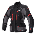 Alpinestars Stella Honda Andes V3 Drystar pour femme, veste de touring moto, noire et grise avec accents rouge vif, logo Honda Wing sur la poitrine, fermetures éclair rouges, sangles de réglage à la taille et aux bras, construction imperméable durable