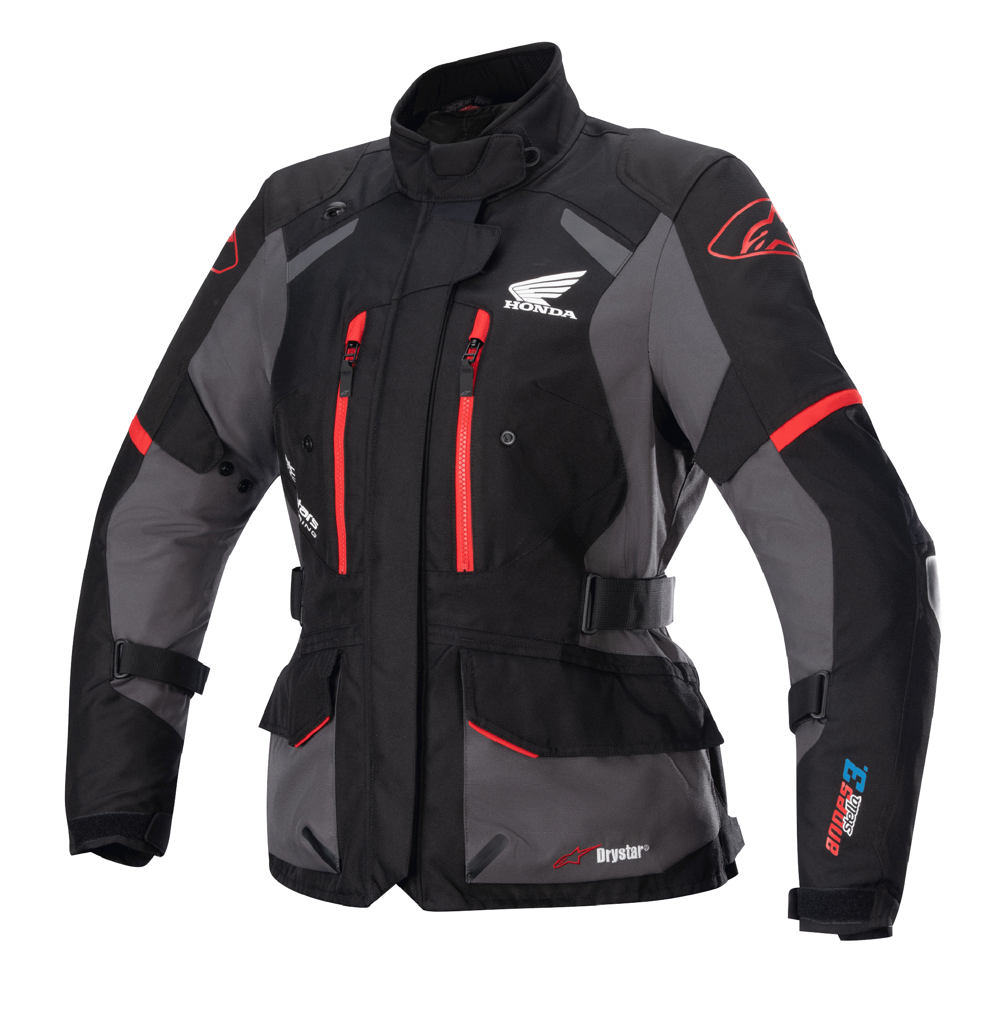 Alpinestars Stella Honda Andes V3 Drystar pour femme, veste de touring moto, noire et grise avec accents rouge vif, logo Honda Wing sur la poitrine, fermetures éclair rouges, sangles de réglage à la taille et aux bras, construction imperméable durable