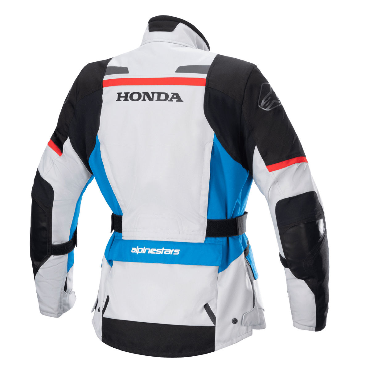 Alpinestars Stella Honda Andes V3 Drystar® damesjas, achteraanzicht, Ice Gray met blauwe en felrode accenten, opvallende zwarte HONDA-branding op de rug, Alpinestars-logo op de schouder en onderrug, verstelbare tailleriem, adventure touring textiel motorjas