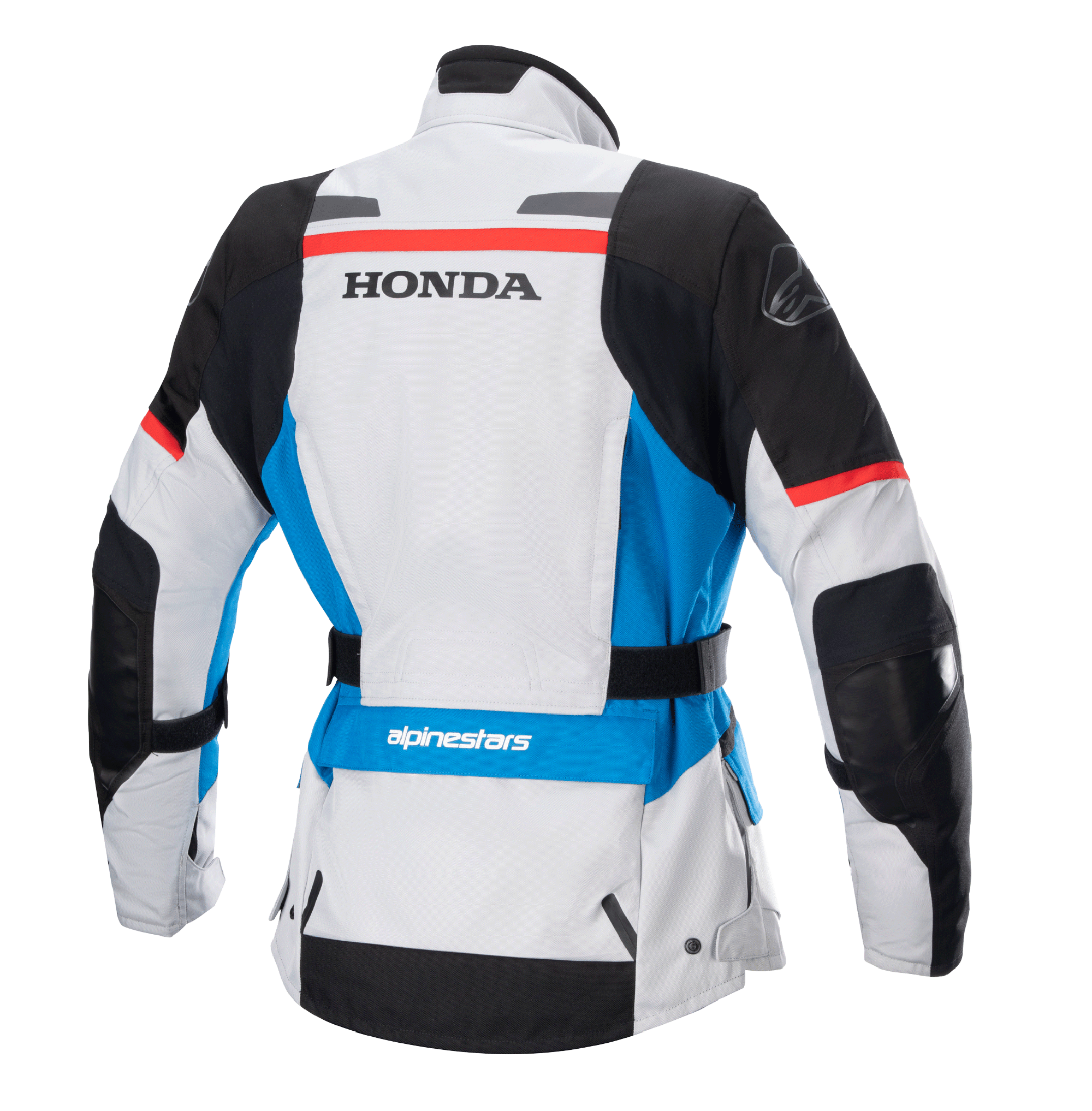 Alpinestars Stella Honda Andes V3 Drystar® damesjas, achteraanzicht, Ice Gray met blauwe en felrode accenten, opvallende zwarte HONDA-branding op de rug, Alpinestars-logo op de schouder en onderrug, verstelbare tailleriem, adventure touring textiel motorjas