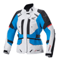 Alpinestars Stella Honda Andes V3 Drystar dames motorjas, motor touringjas, lichtgrijs, blauw en felrood, waterdichte textielconstructie met Honda wing-logo, ventilatieopeningen met rits en verstelbare taillebanden