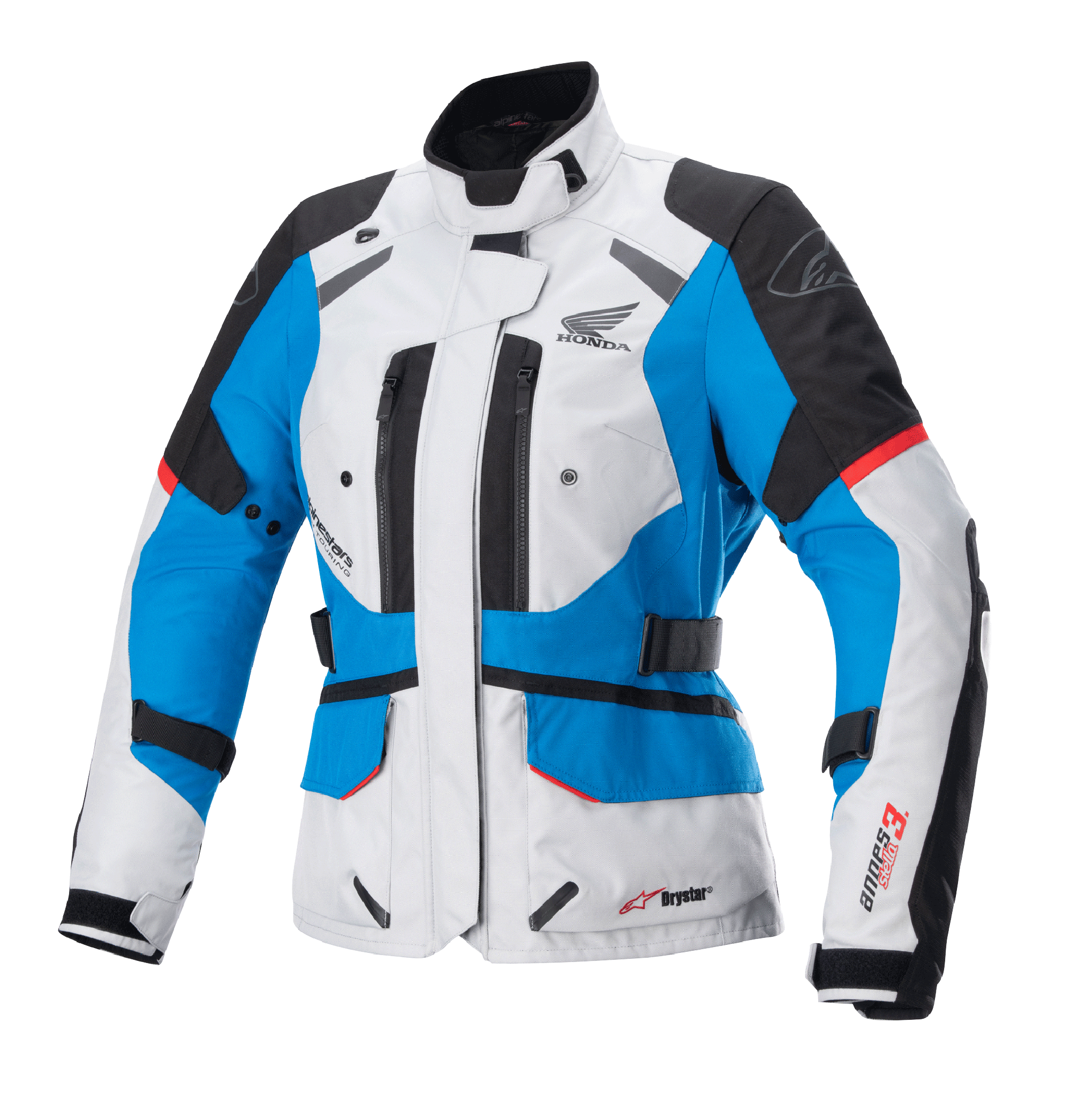 Alpinestars Stella Honda Andes V3 Drystar dames motorjas, motor touringjas, lichtgrijs, blauw en felrood, waterdichte textielconstructie met Honda wing-logo, ventilatieopeningen met rits en verstelbare taillebanden