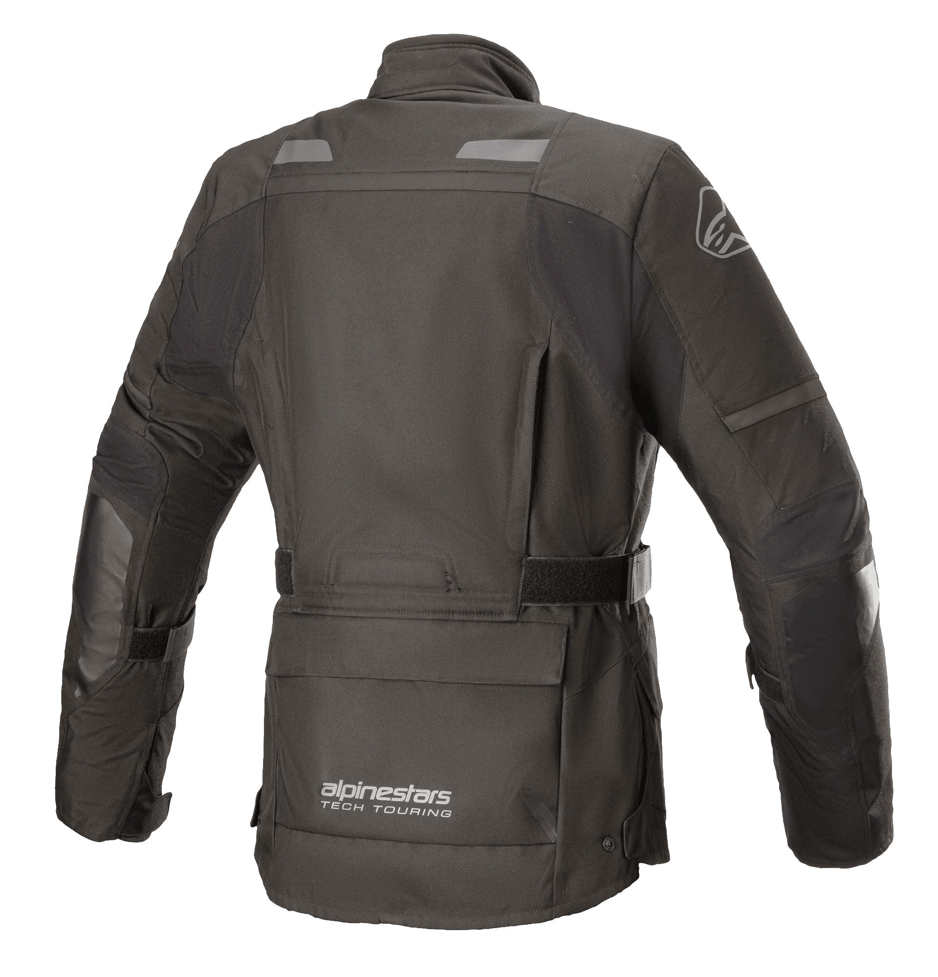 Alpinestars Stella Andes V3 Drystar® damesjas, zwart en donkergrijs, achteraanzicht met waterdichte textielconstructie, grote utility-zak op de onderrug, verstelbare tailleband en reflecterende veiligheidsaccenten.