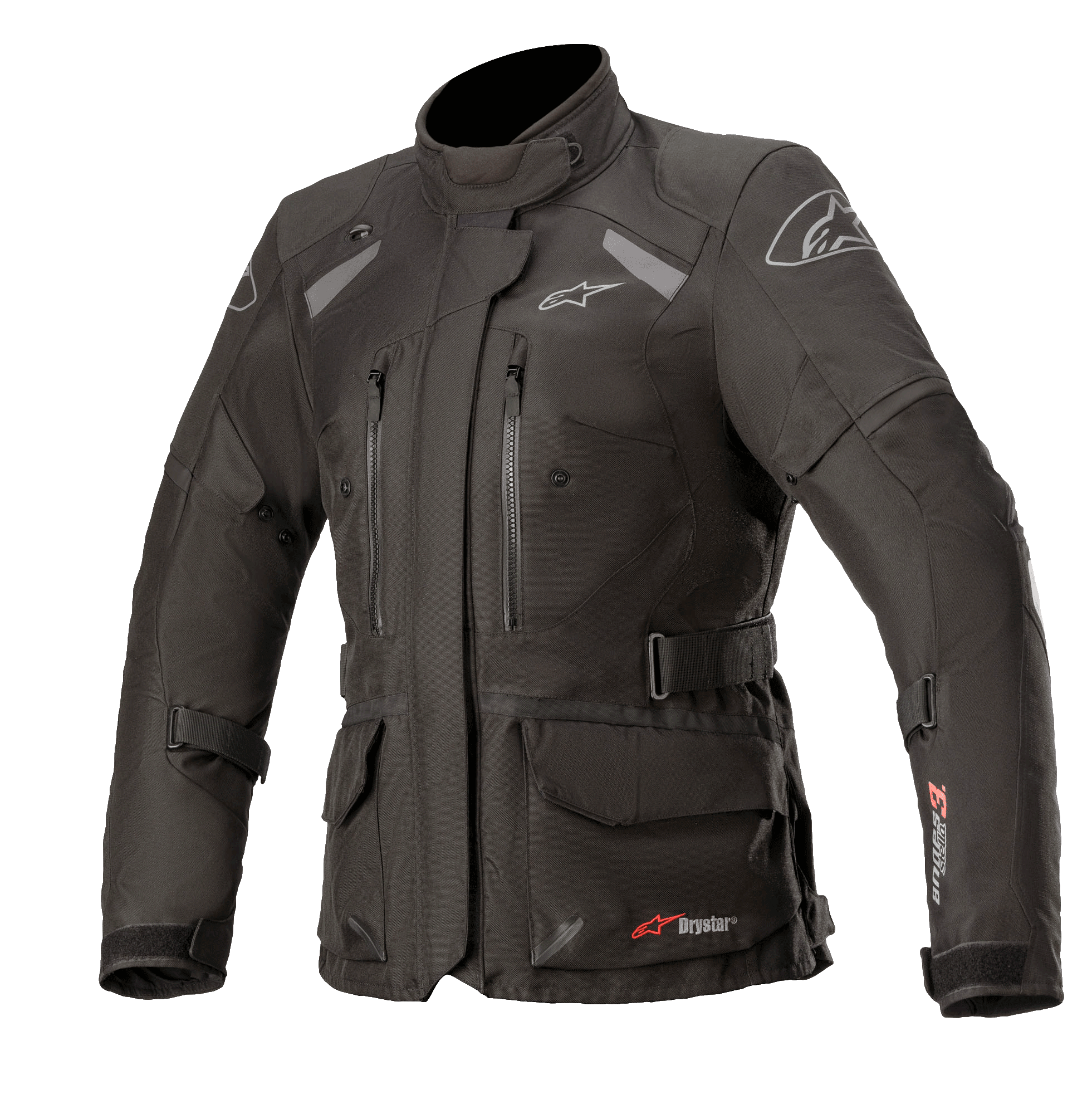 Veste Alpinestars Stella Andes V3 Drystar pour femme, noir et gris foncé, veste de moto Adventure Touring, construction textile imperméable, avec plusieurs poches cargo et de poitrine, ceinture réglable, col haut et détails réfléchissants pour une protection par tous les temps