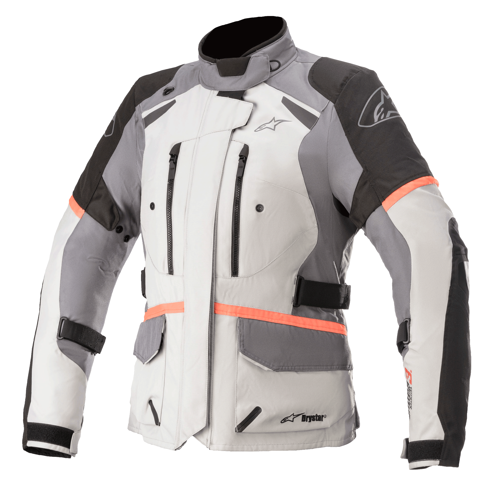 Alpinestars Stella Andes V3 Drystar motorjas voor dames, motor touringjas, lichtgrijs met donkergrijze en zwarte panelen, felle koraalrode accenten, borstventilatie met ritssluiting, grote klepzakken en verstelbare taillebanden, technische textielconstructie voor adventure-rijden in alle weersomstandigheden