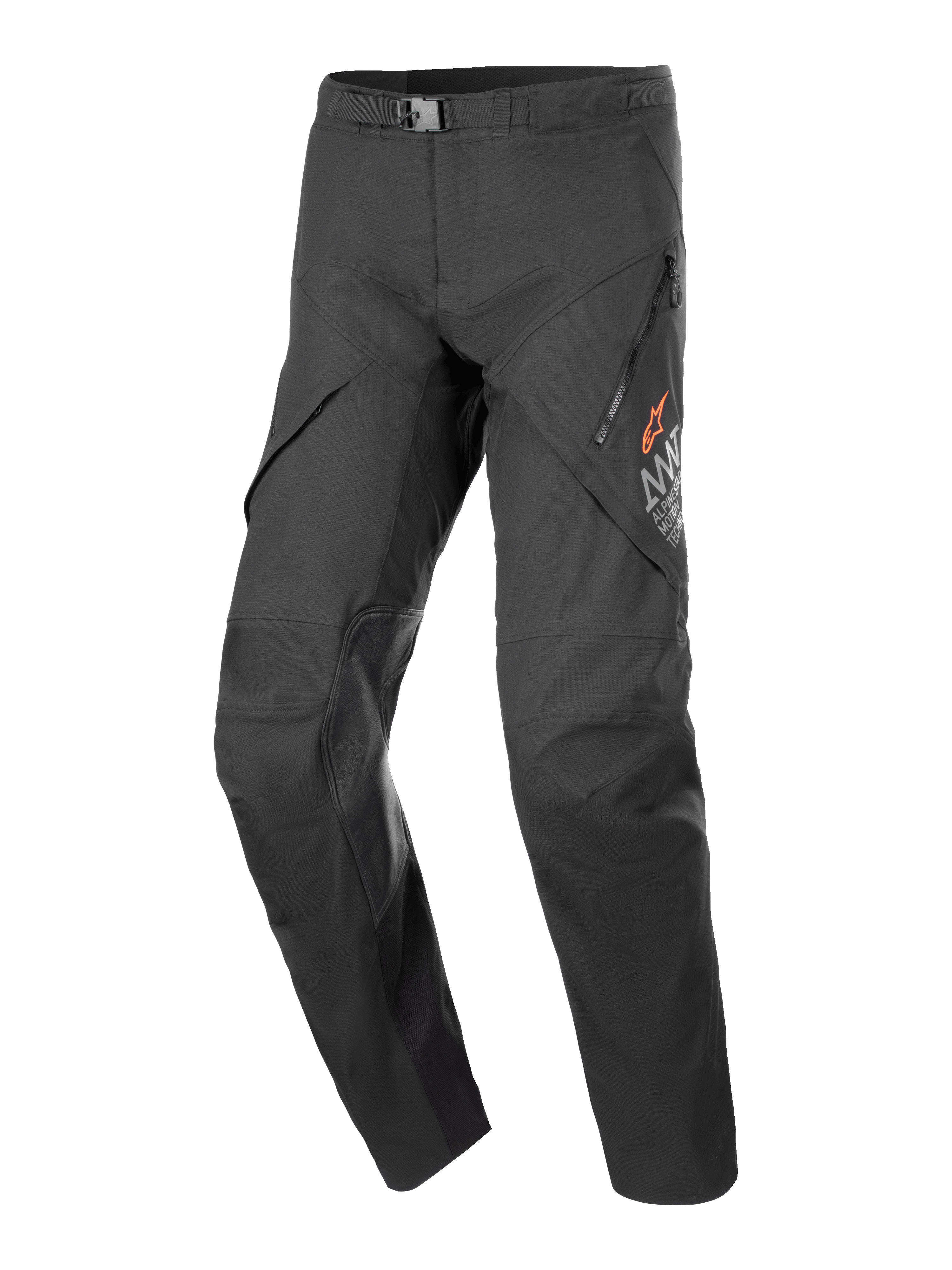 Pantalon Alpinestars AMT-8 Stretch Drystar® XF, pantalon de moto en textile, noir, fermeture à boucle à la taille, poches zippées sur les cuisses avec logo orange, panneaux de genoux renforcés, conception ergonomique pré-courbée pour le touring d'aventure