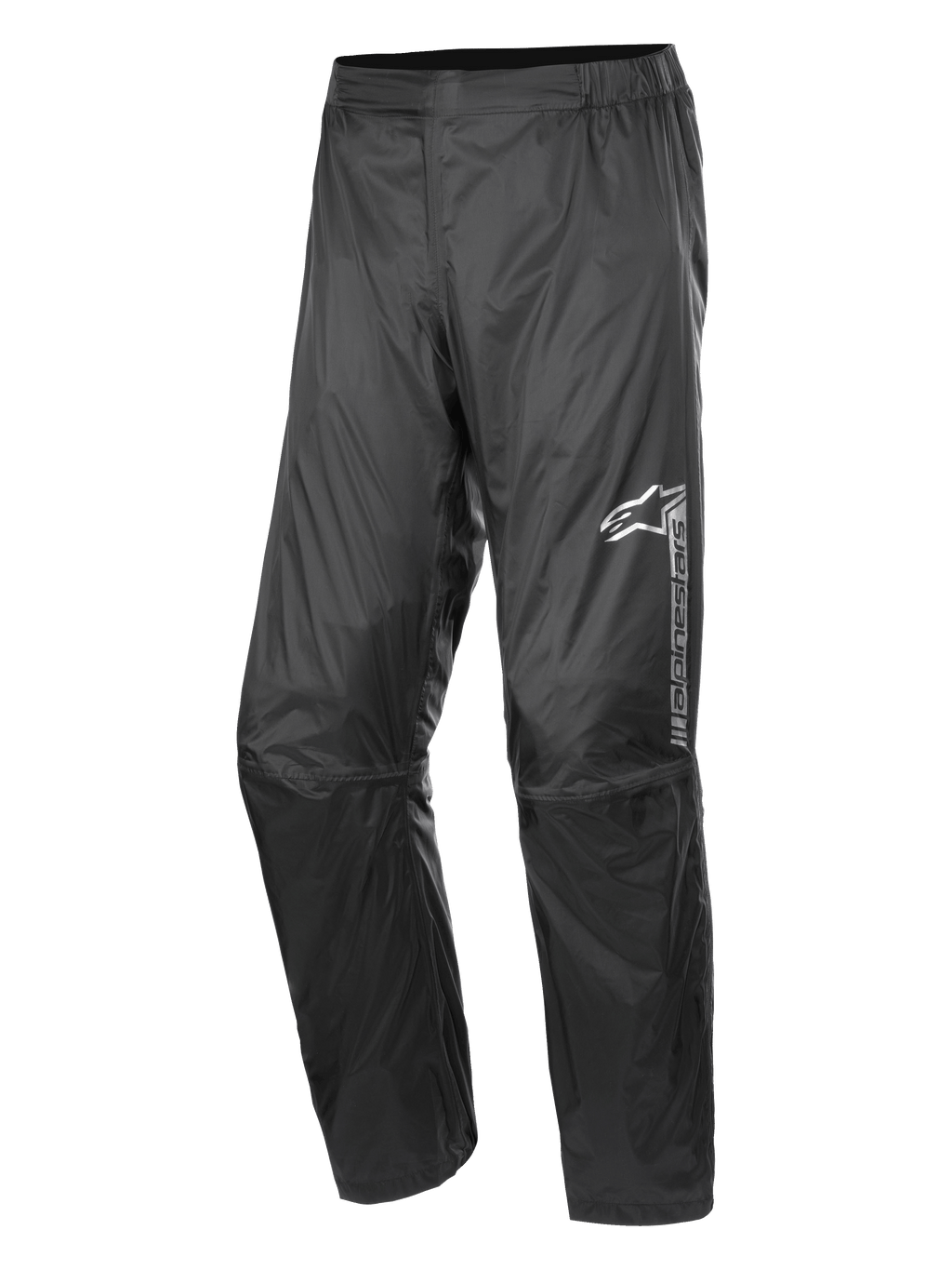 Alpinestars Hurricane Rain V2 Pant, pantalon de pluie imperméable pour moto, noir, avec logo réfléchissant sur la cuisse gauche, taille élastiquée, genoux ergonomiques et tissu laminé brillant résistant au vent pour le touring routier et d'aventure
