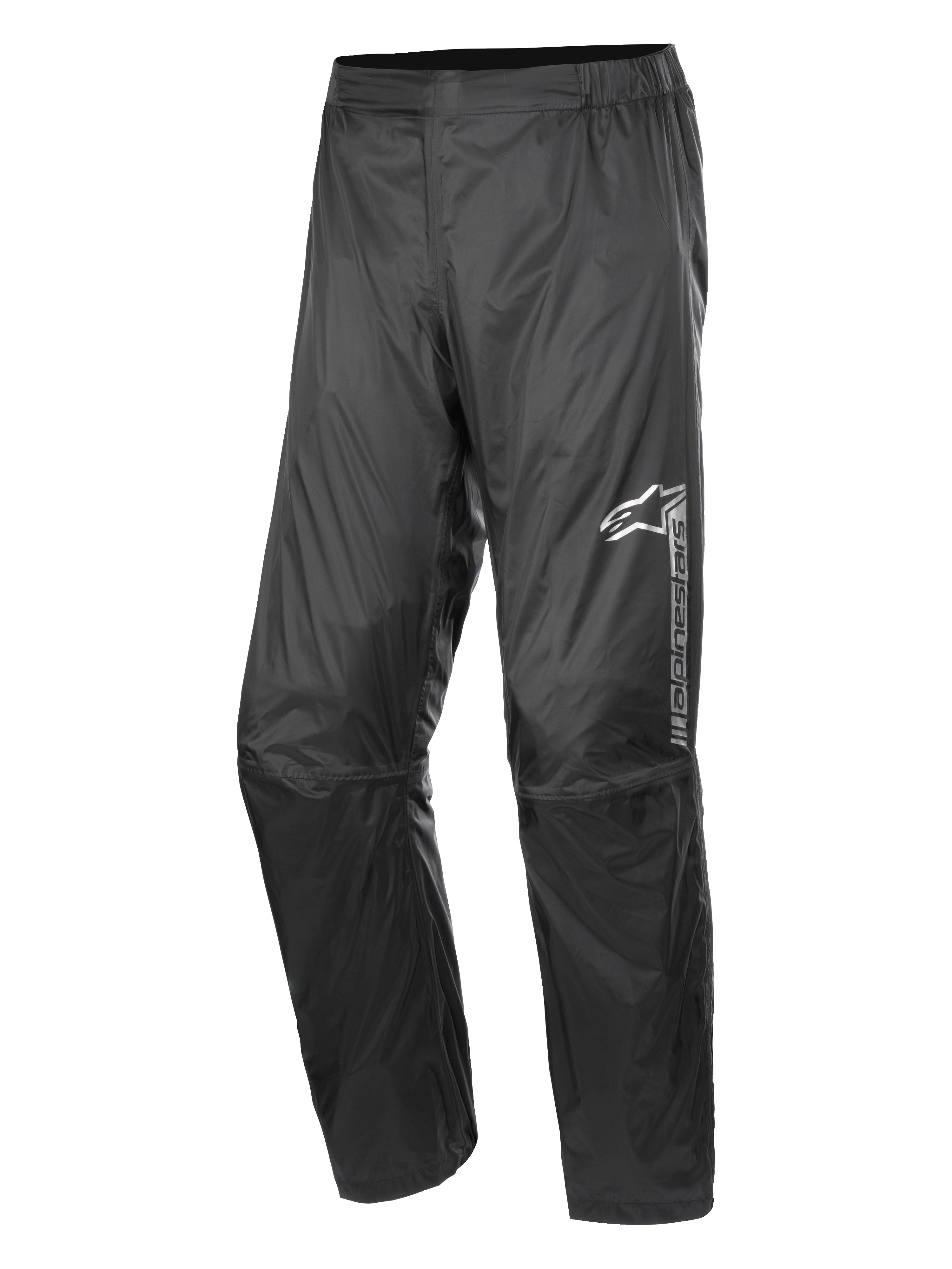 Alpinestars Hurricane Rain V2 Pant, waterdichte motorregenbroek, zwart, met reflecterend logo op het linkerbovenbeen, elastische tailleband, ergonomisch knieontwerp en glanzende windbestendige gelamineerde stof voor road en adventure touring