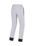 Alpinestars Aeroshell Broek, CE-gecertificeerde crossover motor softshell broek voor heren, mid grijs met geel fluo accenten, achteraanzicht met stretchconstructie, elastische onderzoom en zakdetails