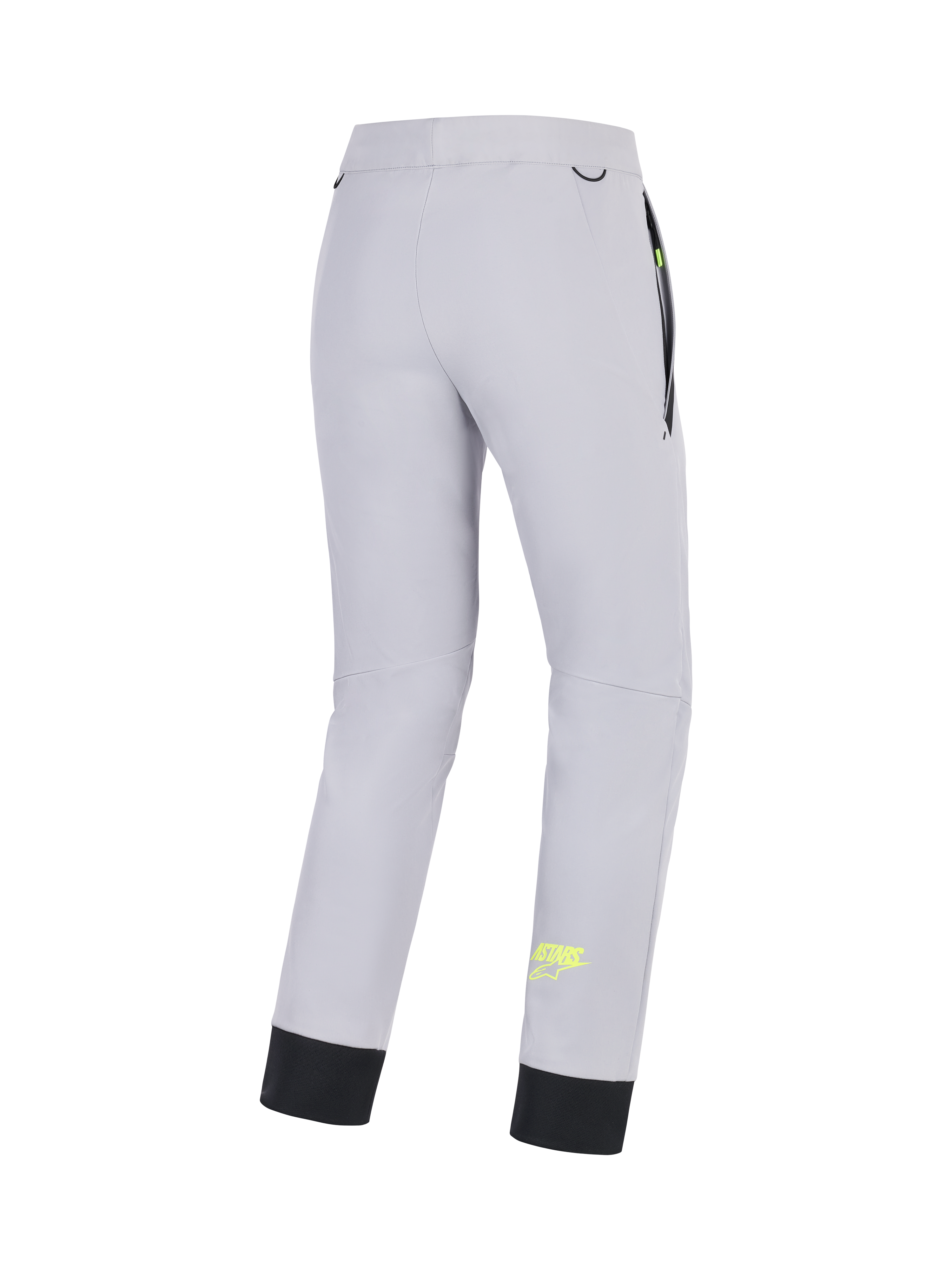 Alpinestars Aeroshell Broek, CE-gecertificeerde crossover motor softshell broek voor heren, mid grijs met geel fluo accenten, achteraanzicht met stretchconstructie, elastische onderzoom en zakdetails
