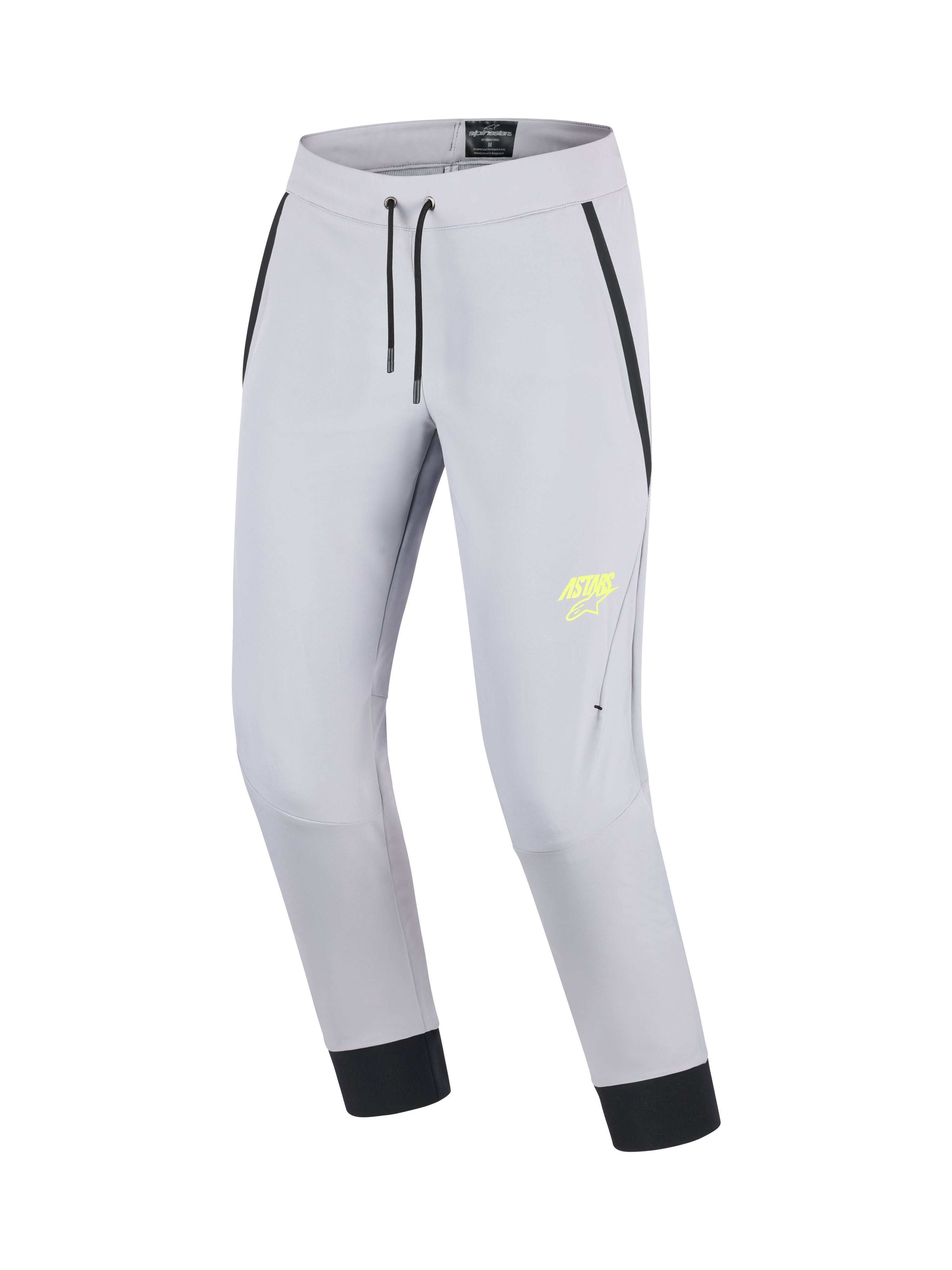 Alpinestars Aeroshell broek, motor touring softshell broek, grijs en geel, met voorgevormde knieën, elastische taille met koord en CE-certificering