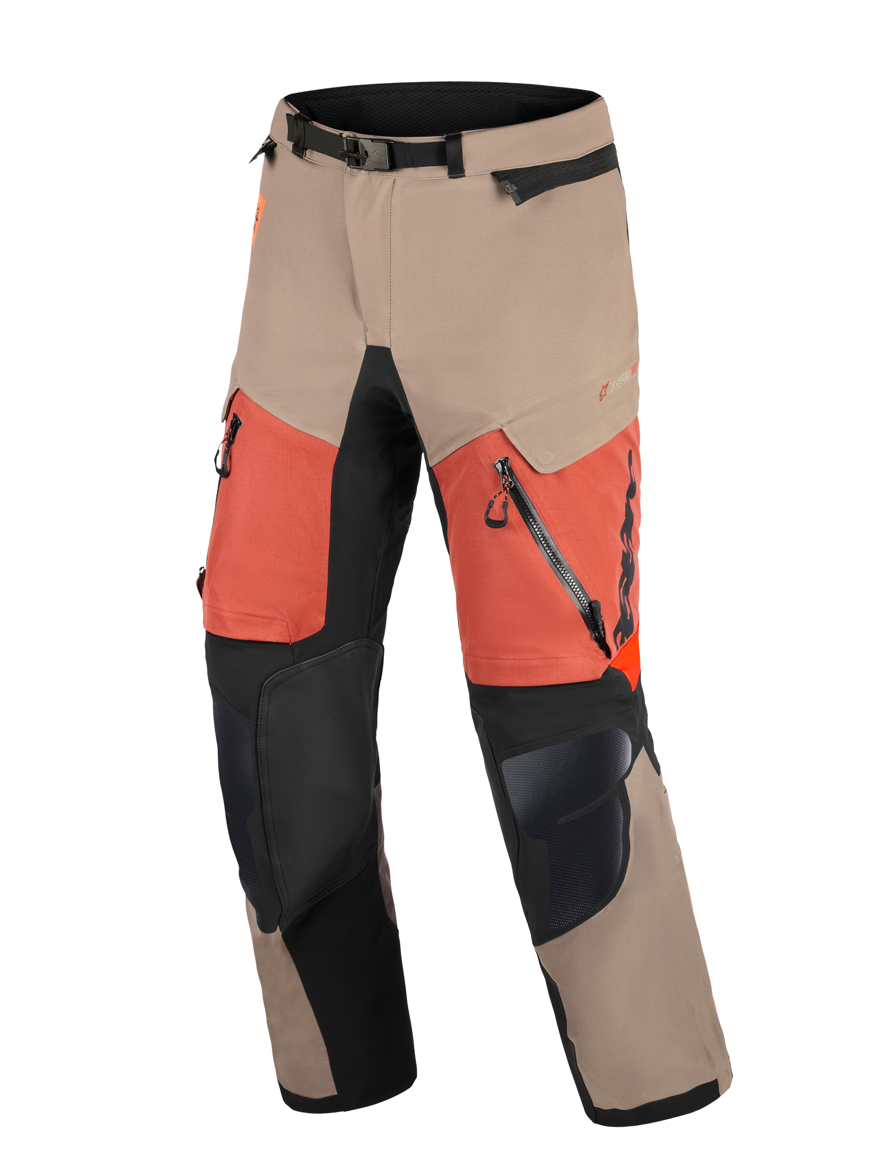 Alpinestars Halo Pro Drystar® XF Gelamineerde Broek, adventure motorbroek, Walnut Rust Black, met beige en oranje panelen en zwarte knieverstevigingen, grote dijventilatieopeningen met rits en verstelbare taille met magnetische gesp