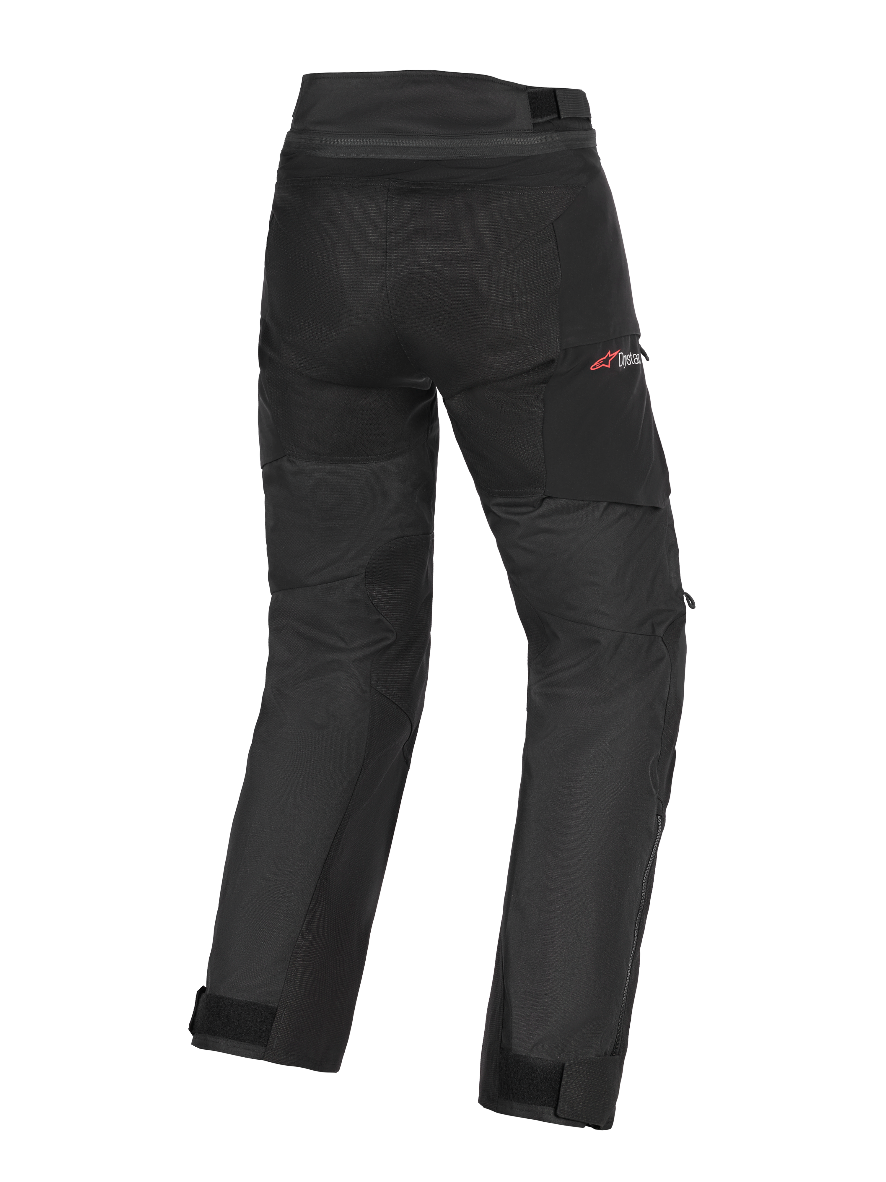 Alpinestars Andes V4 Drystar® Hose, Adventure-Motorradhose, Schwarz, Rückansicht mit Textilkonstruktion sowie verstärkten Gesäß- und Kniebereichen, rotes Drystar-Logo auf der Hüfte, verstellbare Taillen- und Knöchelriemen, wasserdichtes und langlebiges Design für Fahrten bei jedem Wetter