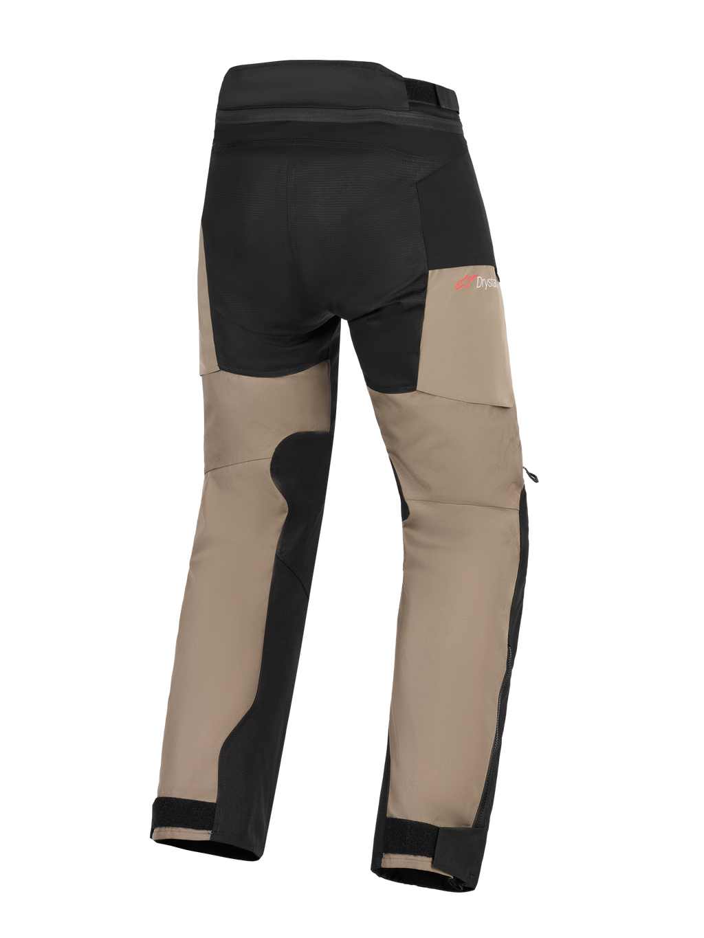 Alpinestars Andes V4 Drystar® Pants, pantalon de moto aventure, noyer et noir, vue arrière présentant un fessier renforcé et des empiècements à l'intérieur des jambes, le logo Drystar rouge et des chevilles ajustables.