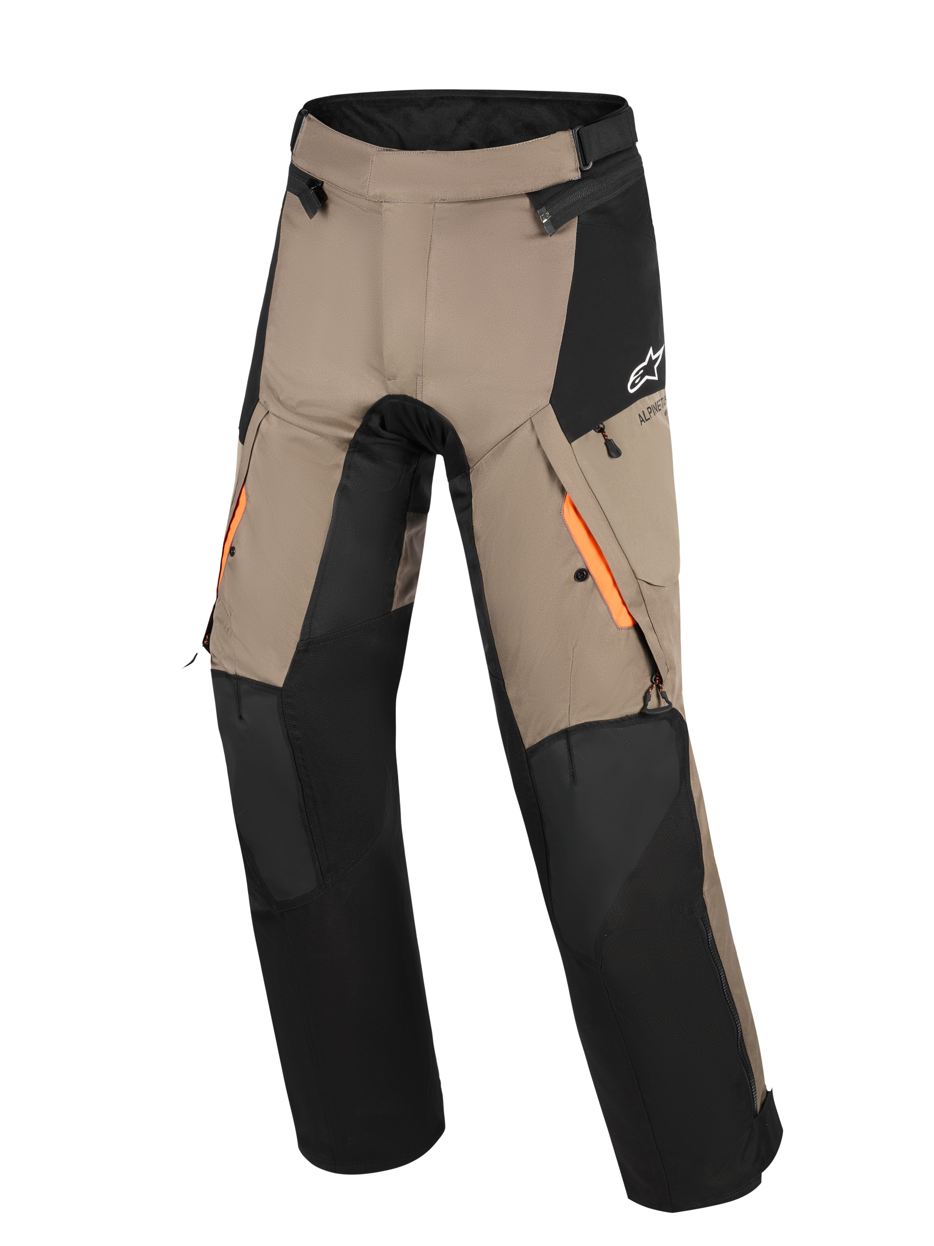 Pantalon Alpinestars Andes V4 Drystar®, pantalon de touring aventure, noyer et noir, avec des accents orange sur les ouvertures de ventilation aux cuisses, des empiècements renforcés aux genoux et des poches cargo résistantes à l'eau.