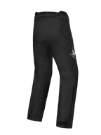 Alpinestars Honda ST-1 Waterproof broek, motor touringbroek, zwart, achteraanzicht met Honda-vleugellogo op de dij, gestroomlijnd textielontwerp met ergonomische mobiliteit en verbindingsrits in de taille.