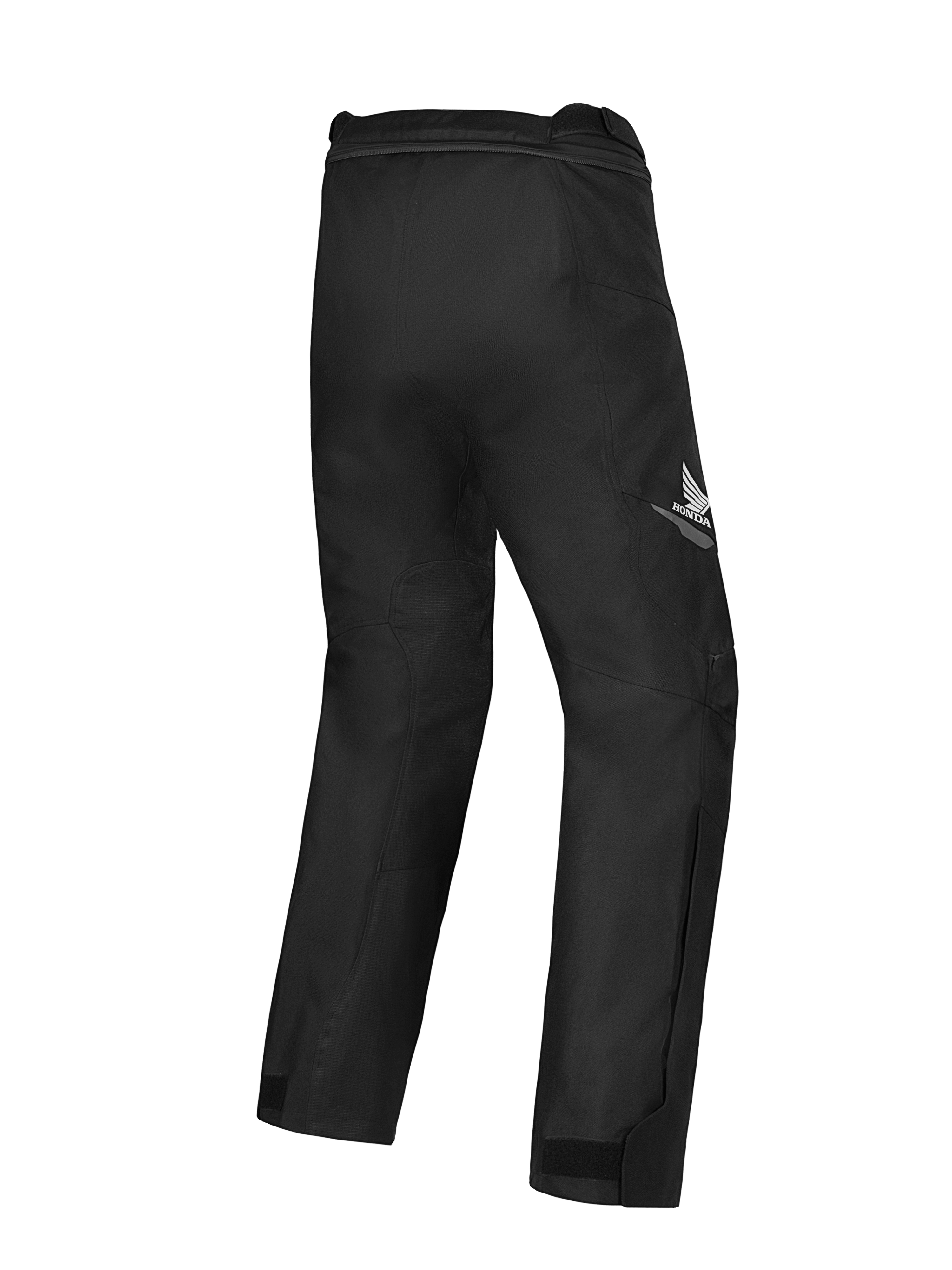 Alpinestars Honda ST-1 Waterproof broek, motor touringbroek, zwart, achteraanzicht met Honda-vleugellogo op de dij, gestroomlijnd textielontwerp met ergonomische mobiliteit en verbindingsrits in de taille.