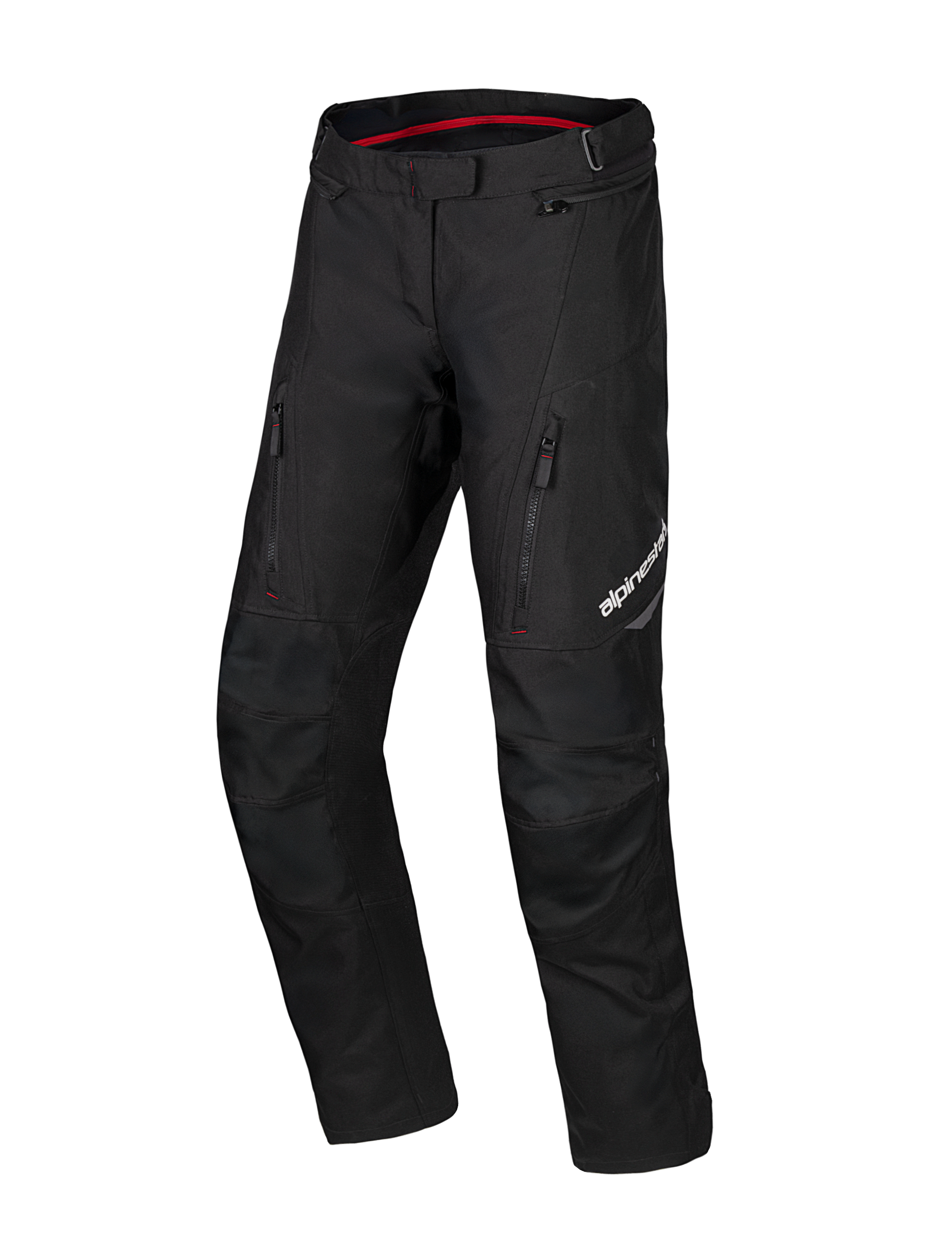 Alpinestars Honda ST-1 waterdichte motorbroek, touring motorbroek, zwart met rood detail aan de binnenzijde, cargozakken met ritssluiting op de dijen, ergonomisch voorgevormde pijpen met versterkte knieën, waterdichte textiele adventure-uitrusting