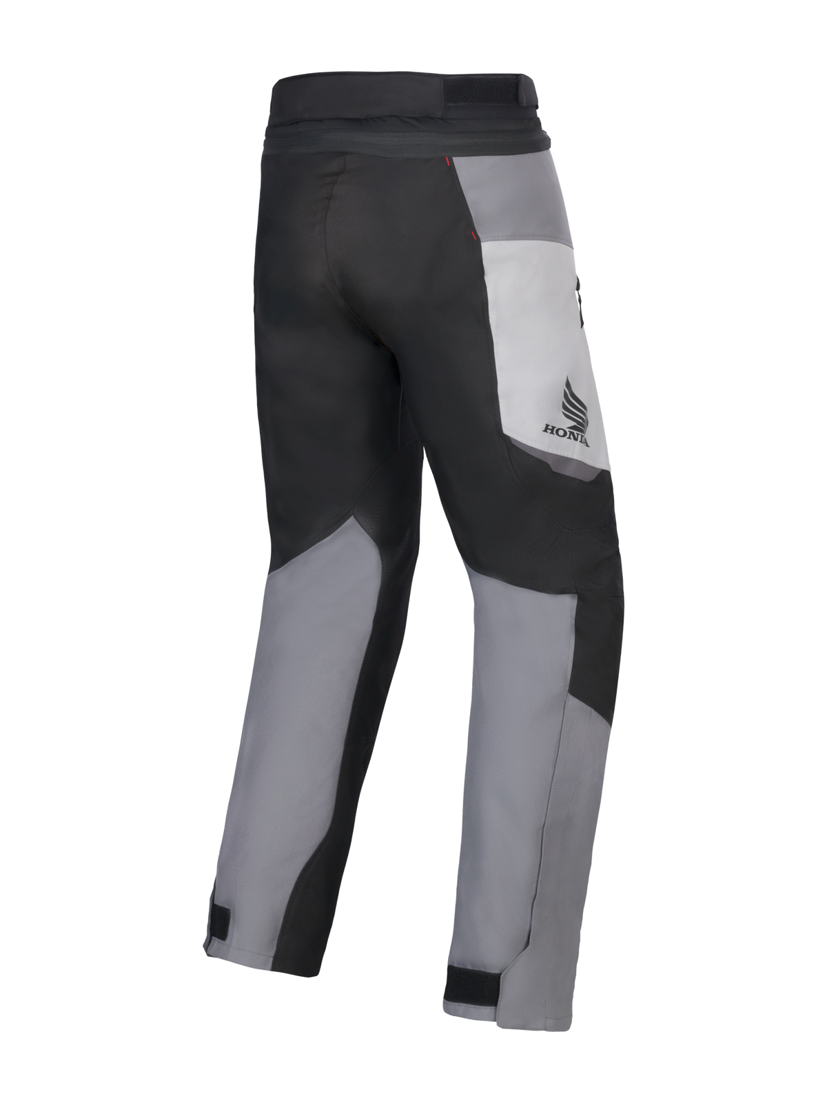 Alpinestars Honda St-1 Waterproof broek, motor touringbroek, Ice Gray, donkergrijs en zwart, achteraanzicht met textielontwerp uit meerdere panelen, Honda-logo op de dij en verstelbare enkelsluitingen voor rijden in alle weersomstandigheden.