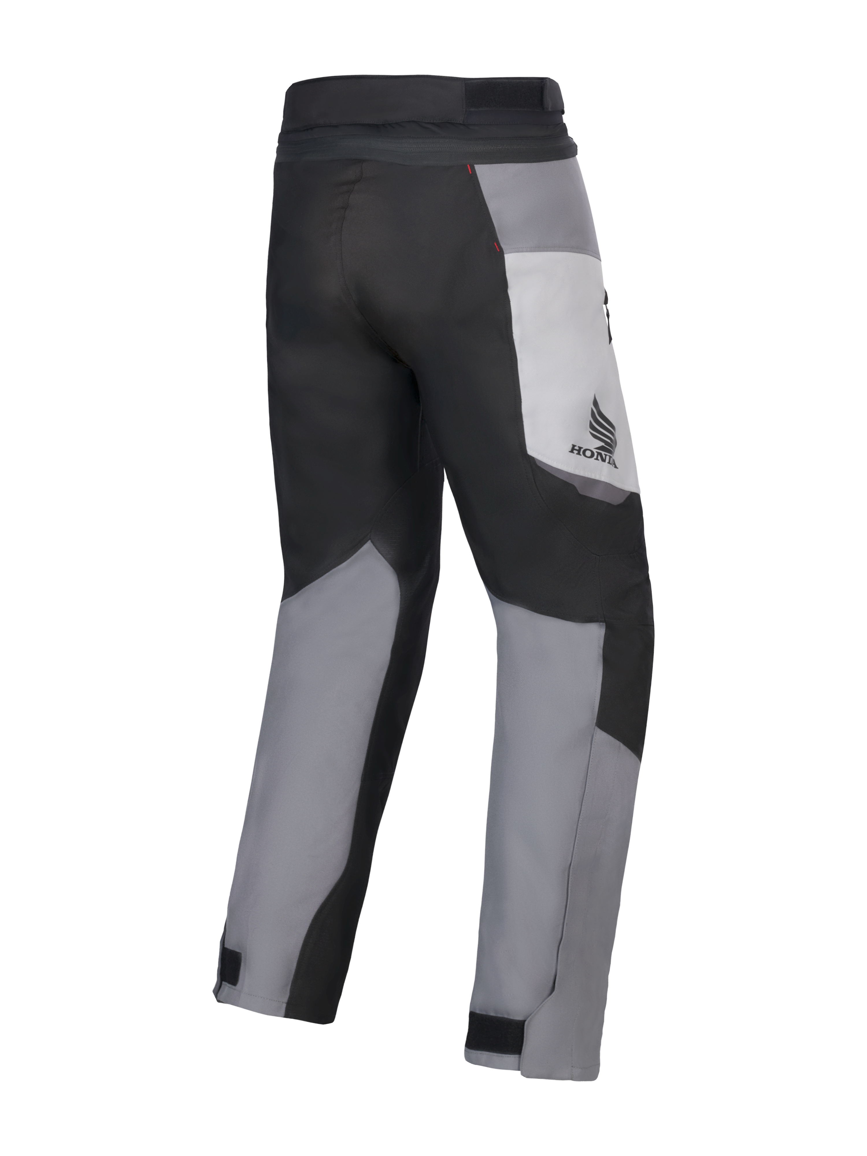 Alpinestars Honda St-1 Waterproof broek, motor touringbroek, Ice Gray, donkergrijs en zwart, achteraanzicht met textielontwerp uit meerdere panelen, Honda-logo op de dij en verstelbare enkelsluitingen voor rijden in alle weersomstandigheden.