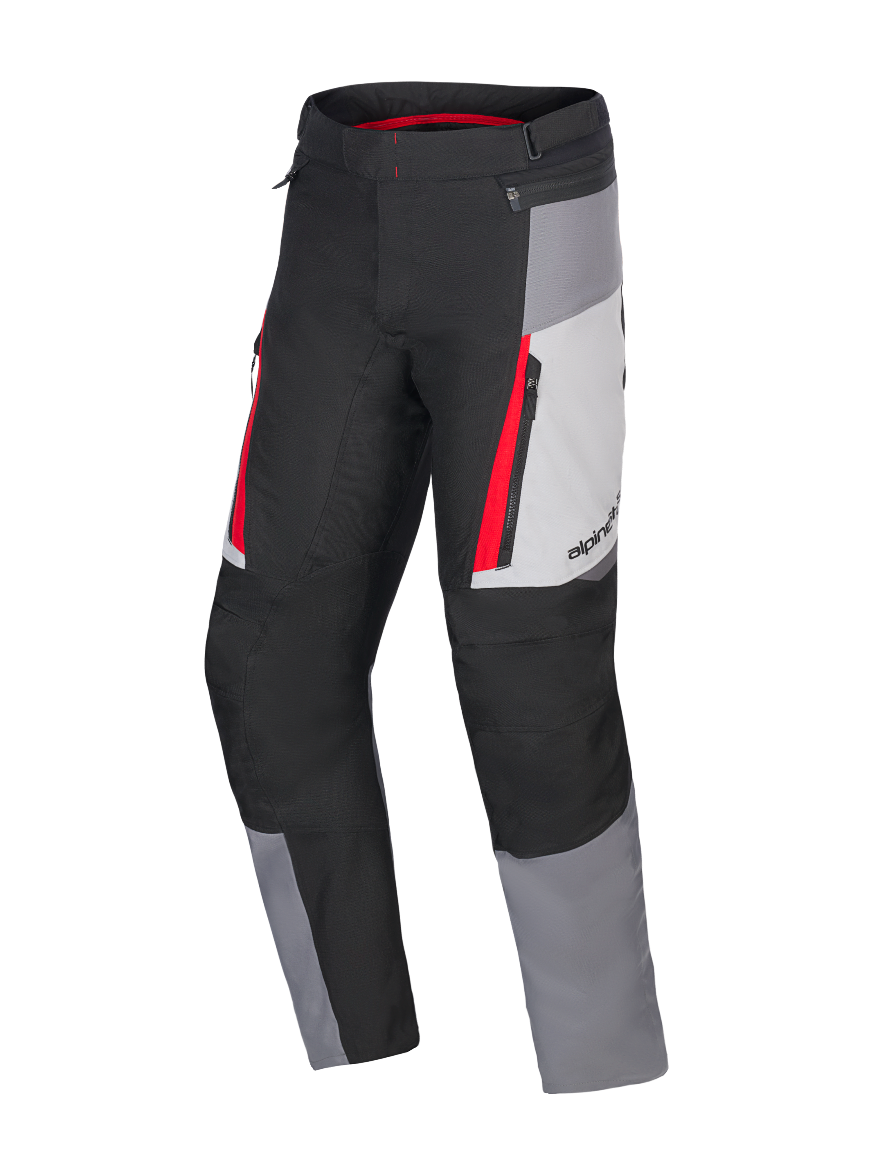Alpinestars Honda ST-1 waterdichte motorbroek, touring motorbroek, Ice Gray, Dark Gray en zwart met rode accenten, technische textielconstructie met waterdichte voering, cargozakken met rits en ergonomische voorgevormde benen