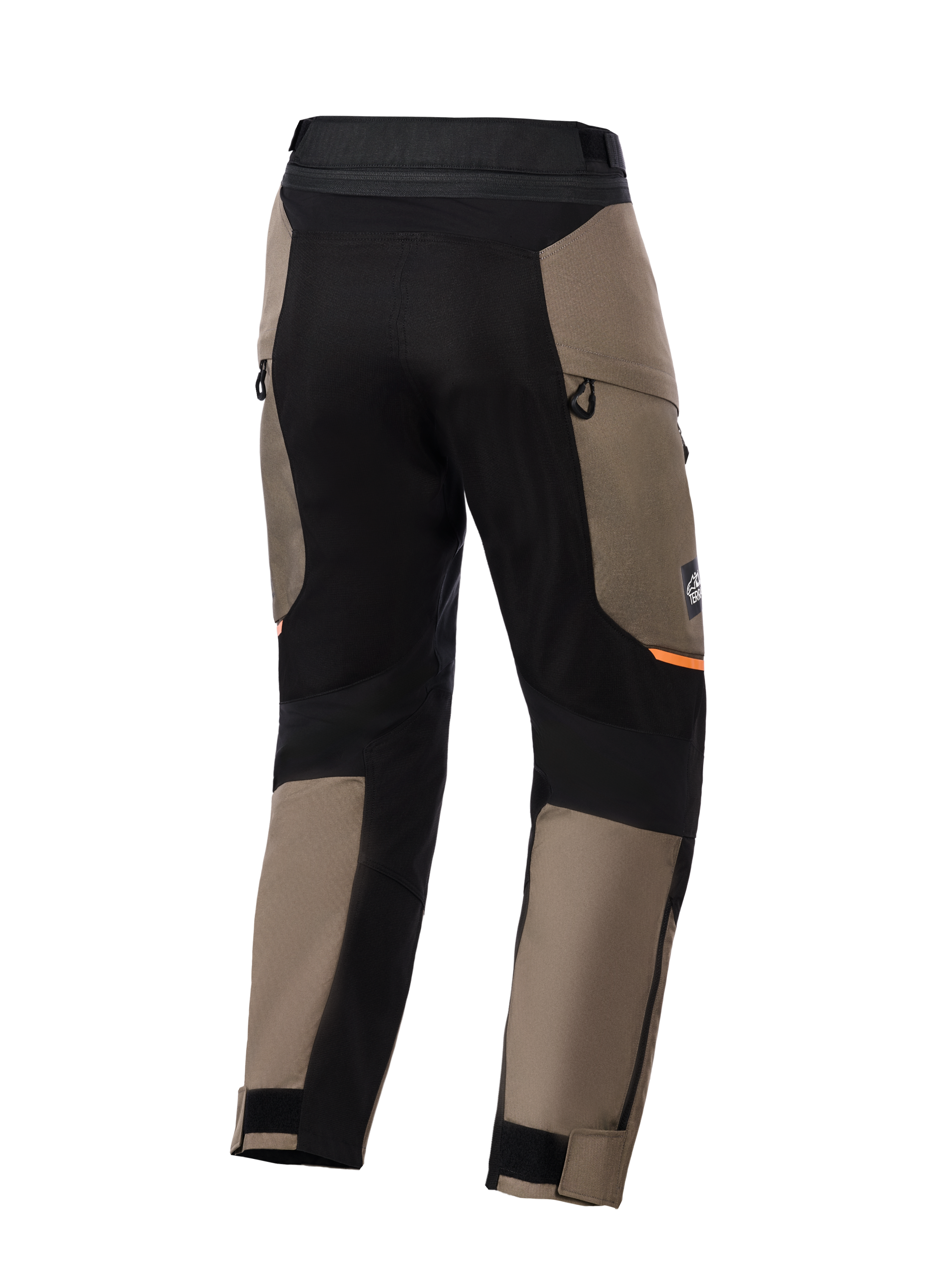 Pantalon Alpinestars Cusco Drystar®, pantalon de moto adventure, marron noyer et noir, vue arrière présentant des panneaux extensibles noirs, des accents orange, des ventilations zippées et des bas de jambe ajustables par velcro pour la conduite sur route.