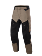 Alpinestars Cusco Drystar® Pants, pantalon de moto d'aventure, Walnut Black, vue de face, empiècements marron noyer et noirs avec accents orange, larges ventilations zippées sur les cuisses et construction textile durable.