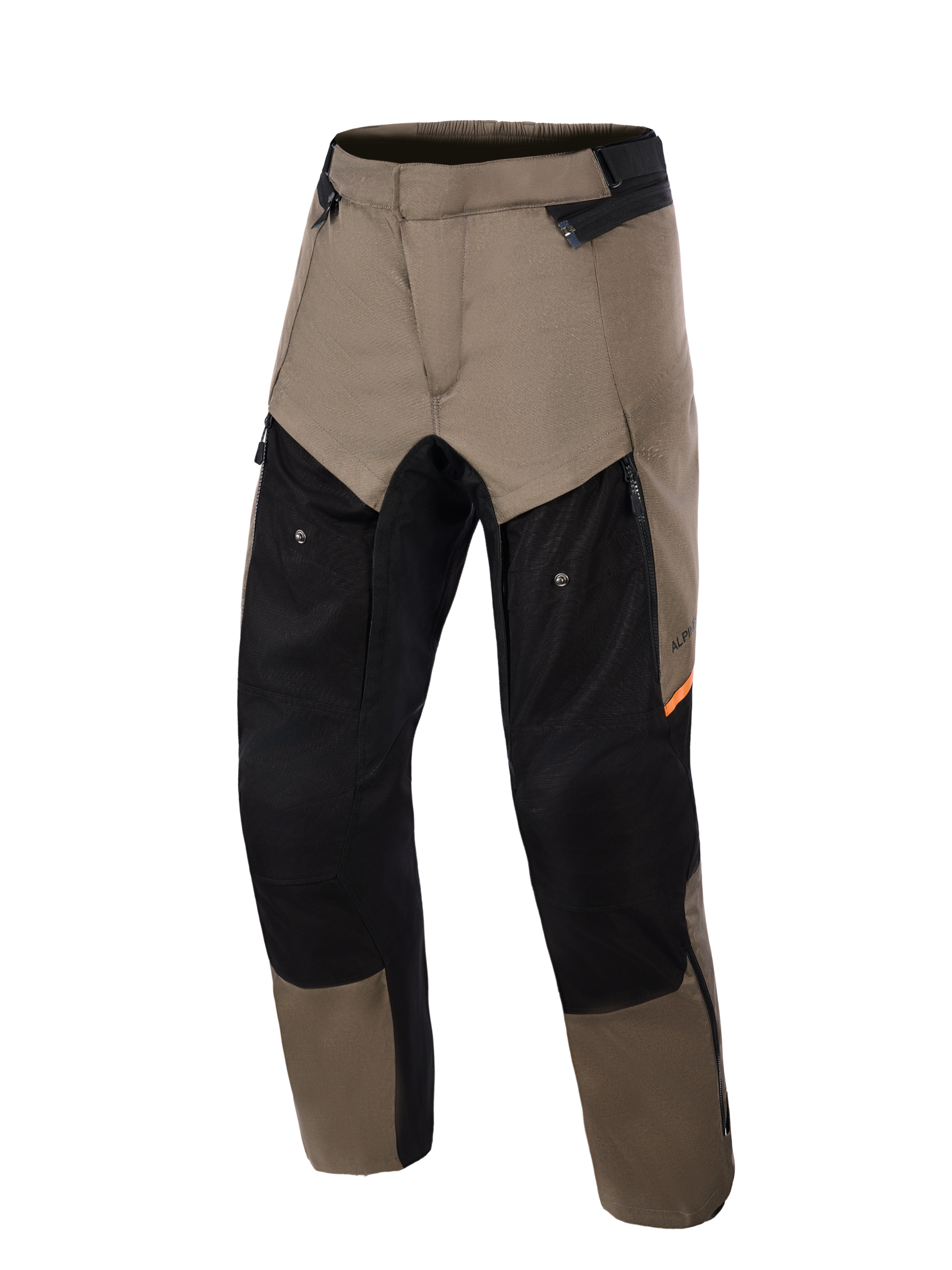 Alpinestars Cusco Drystar® Pants, pantalon de moto d'aventure, Walnut Black, vue de face, empiècements marron noyer et noirs avec accents orange, larges ventilations zippées sur les cuisses et construction textile durable.