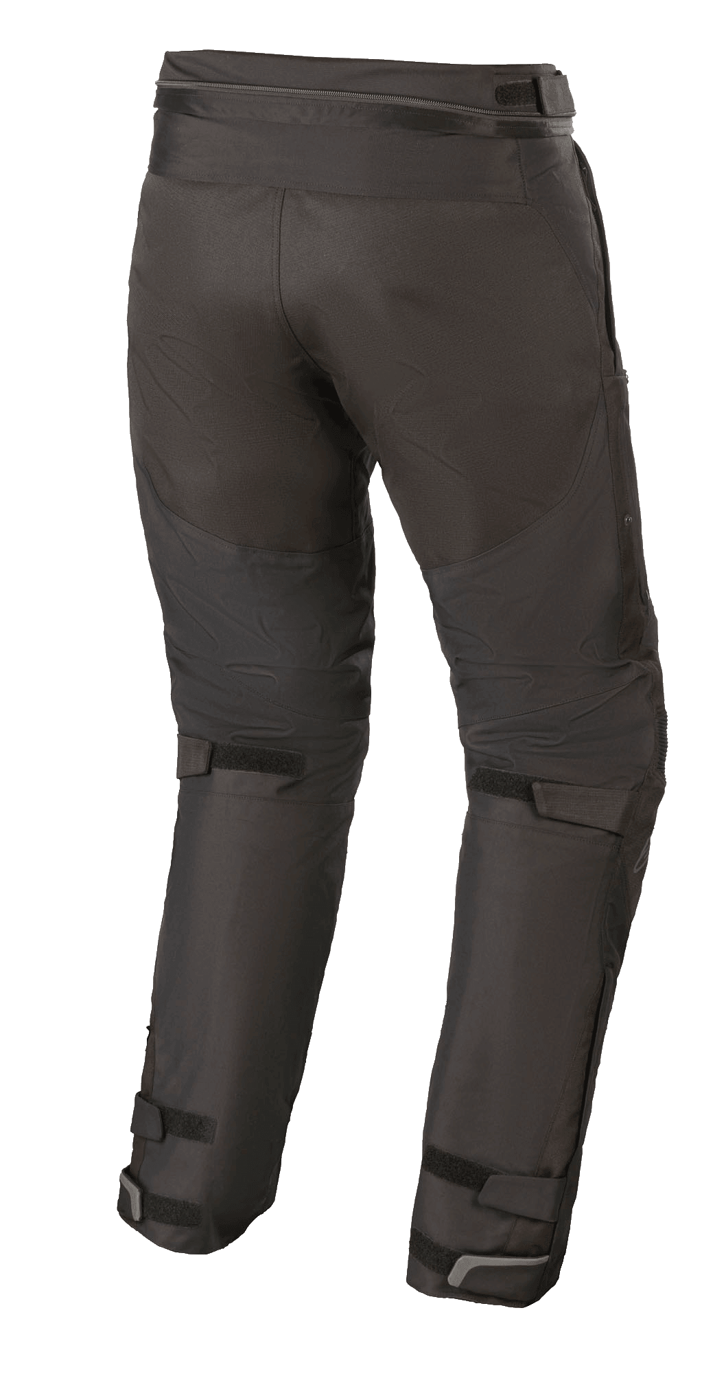 Pantalon Alpinestars Raider V2 Drystar®, pantalon de moto en textile, noir, vue arrière montrant la fermeture éclair de connexion à la taille et les sangles Velcro réglables à l'arrière des jambes et des chevilles
