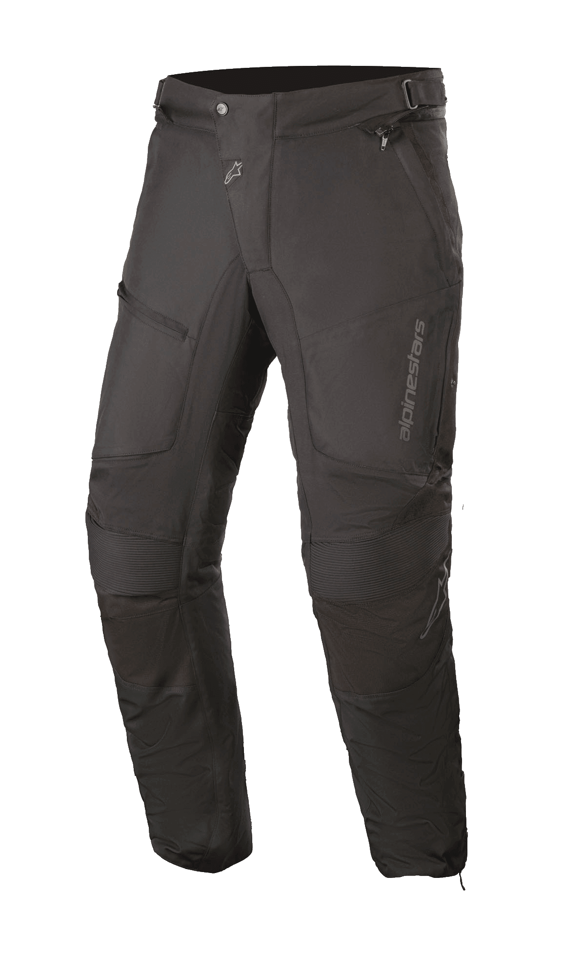Pantalon Alpinestars Raider V2 Drystar®, pantalon de moto touring noir, construction en textile imperméable avec panneaux en accordéon aux genoux, poches zippées et taille ajustable, conception durable pour la route par tous les temps