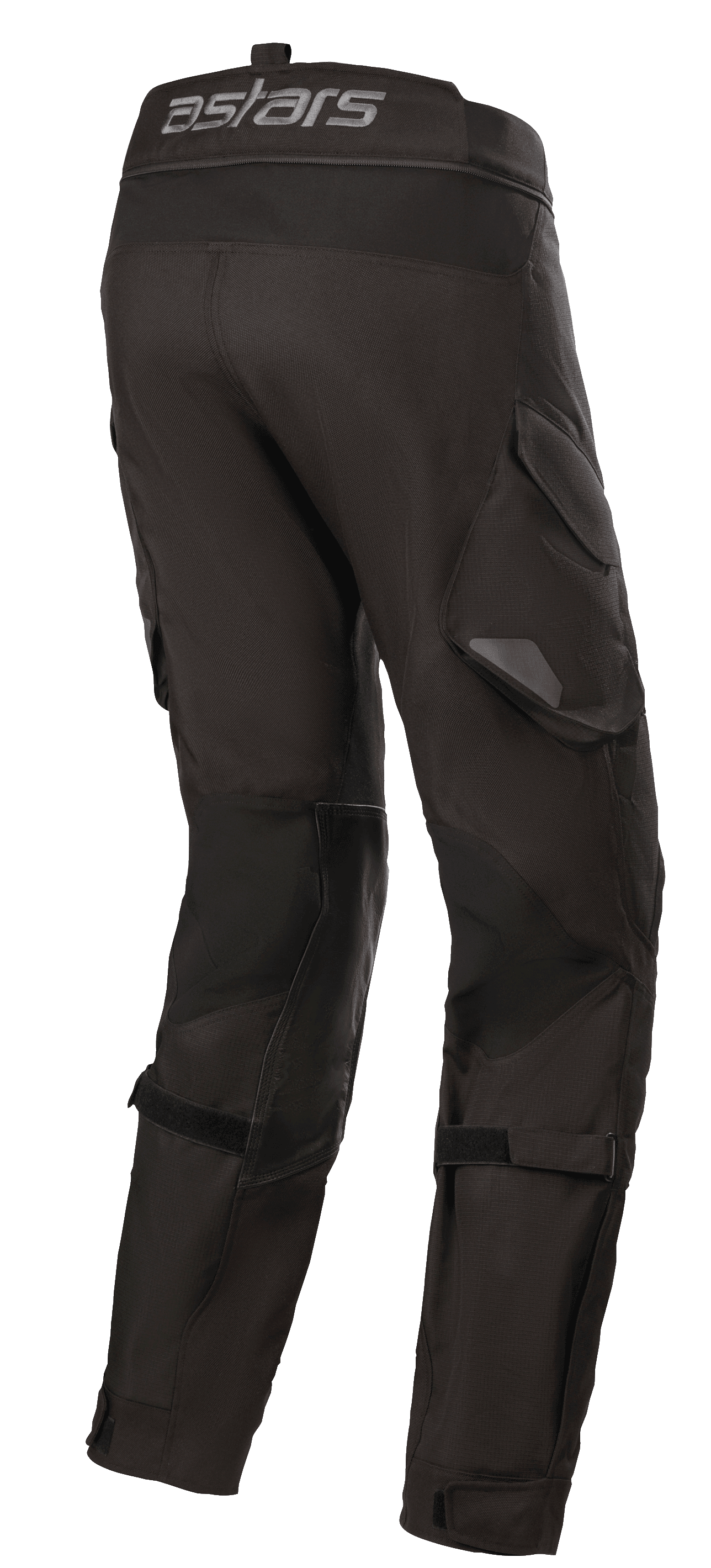 Alpinestars Halo Drystar® Broek, Adventure Touring motorbroek, zwart, achteraanzicht met het astars-logo op de tailleband, functionele cargozakken en verstelbare banden op de benen voor een goede pasvorm.