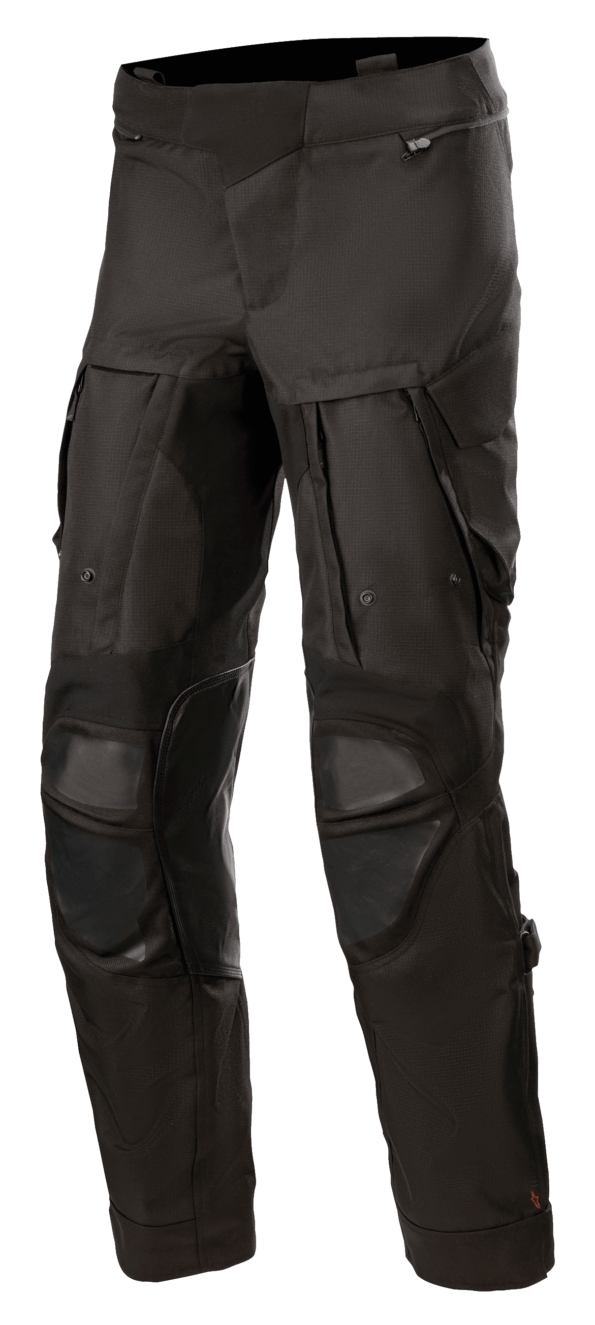 Alpinestars Halo Drystar® Pants, Black Adventure Touring Motorcycle Pants, featuring large thigh ventilation panels, reinforced knee protection, zippered pockets, and durable textile construction for multi-season use