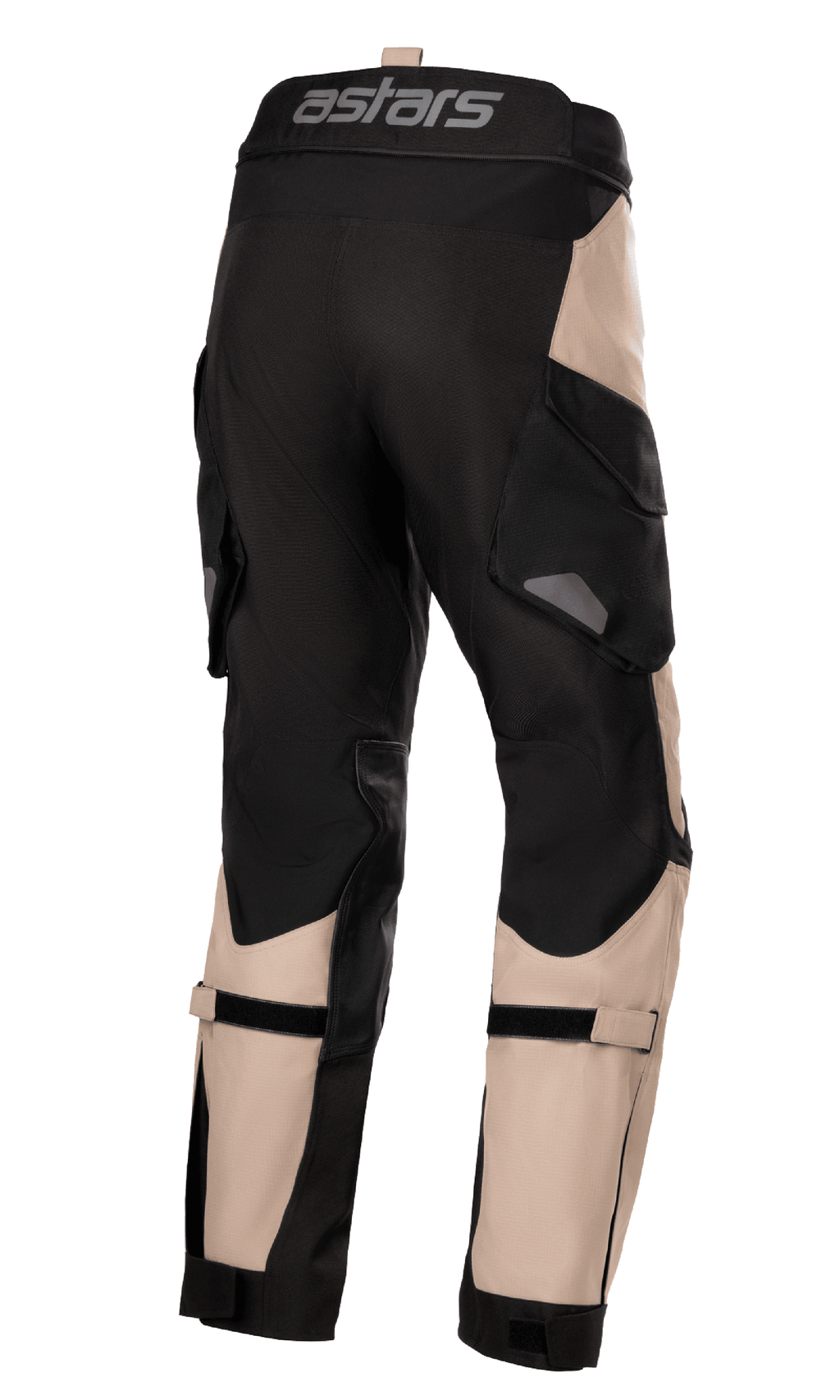 Alpinestars Halo Drystar® Pants, Adventure Touring Pants, Dark Khaki and Black, rear view showing 'astars' branding on the waistband, large cargo pockets, and adjustable calf straps, durable textile design for multi-season motorcycling