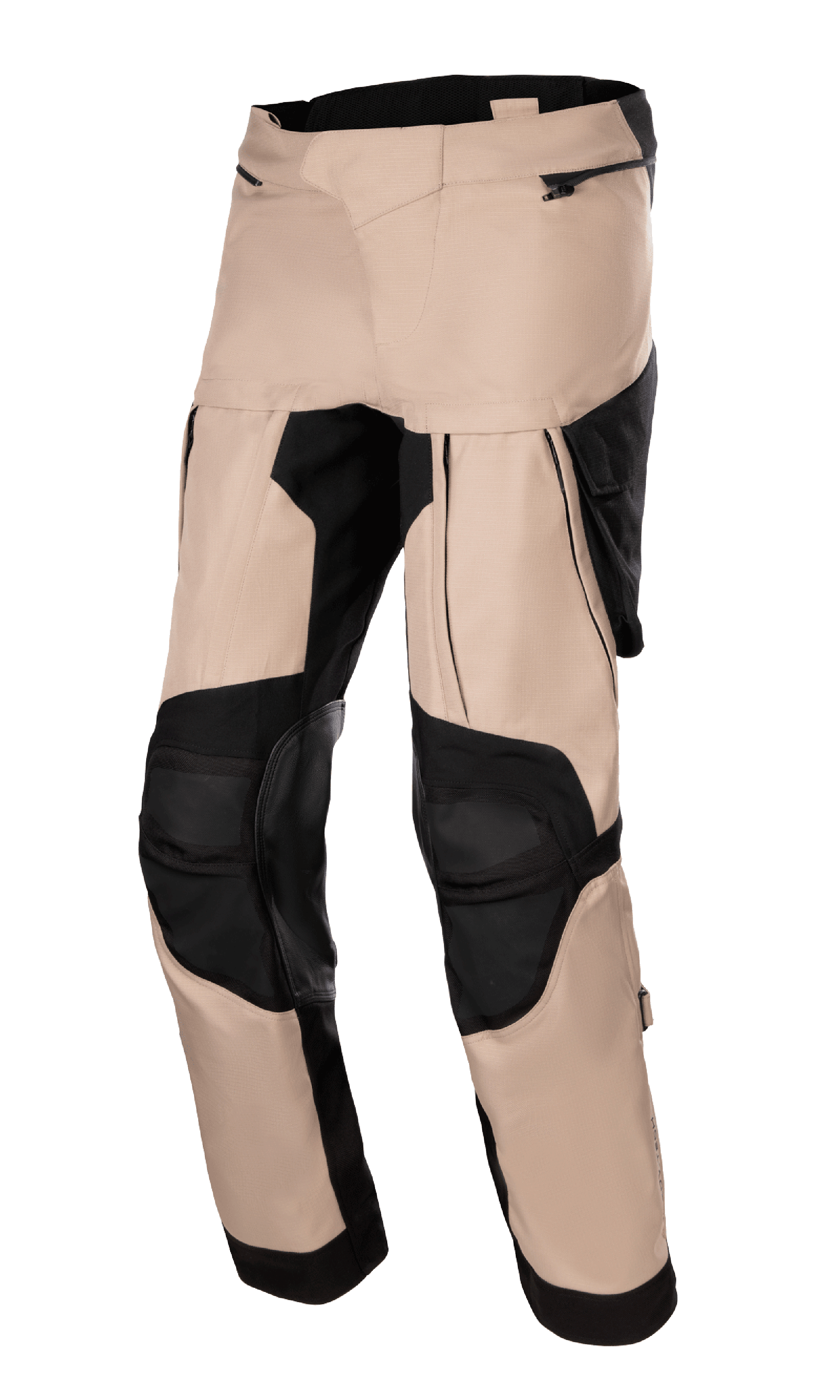 Alpinestars Halo Drystar Pants, Adventure Touring Motorcycle Pants, Dark Khaki and Black, featuring large thigh ventilation panels, reinforced black knee sections, and multi-panel textile construction with zippered pockets